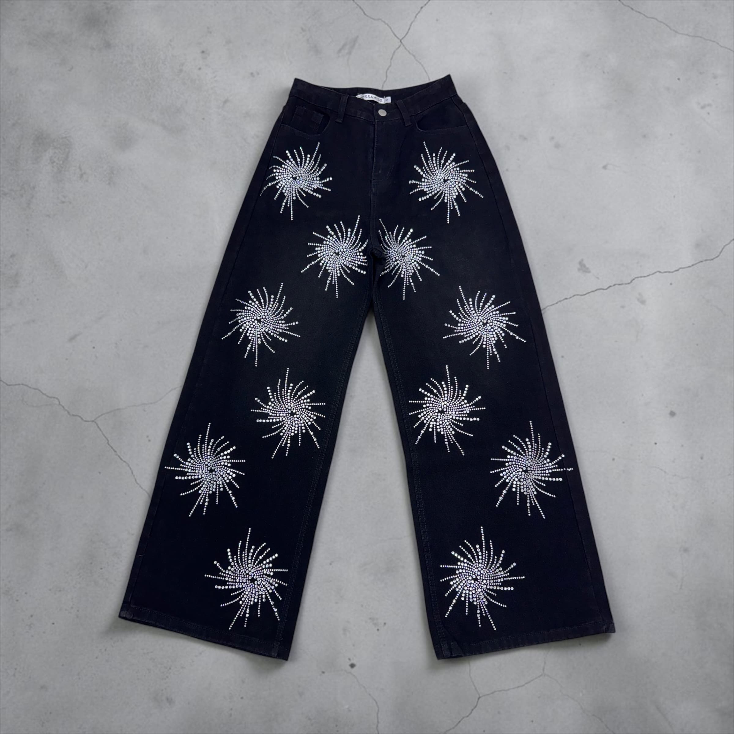 Jeans Palazzo "Starry Night" con Applicazioni Strass – Denim Nero