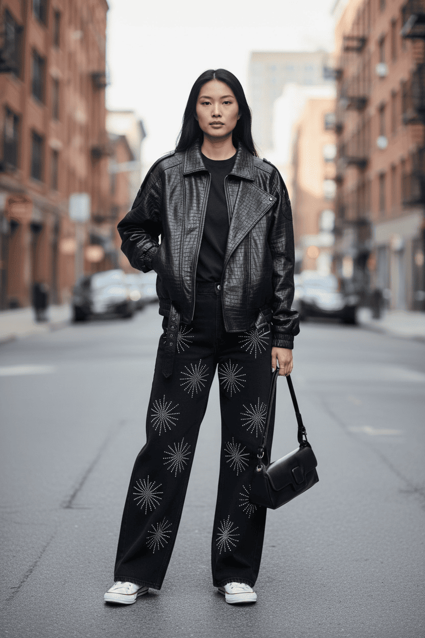 Jeans Palazzo "Starry Night" con Applicazioni Strass – Denim Nero