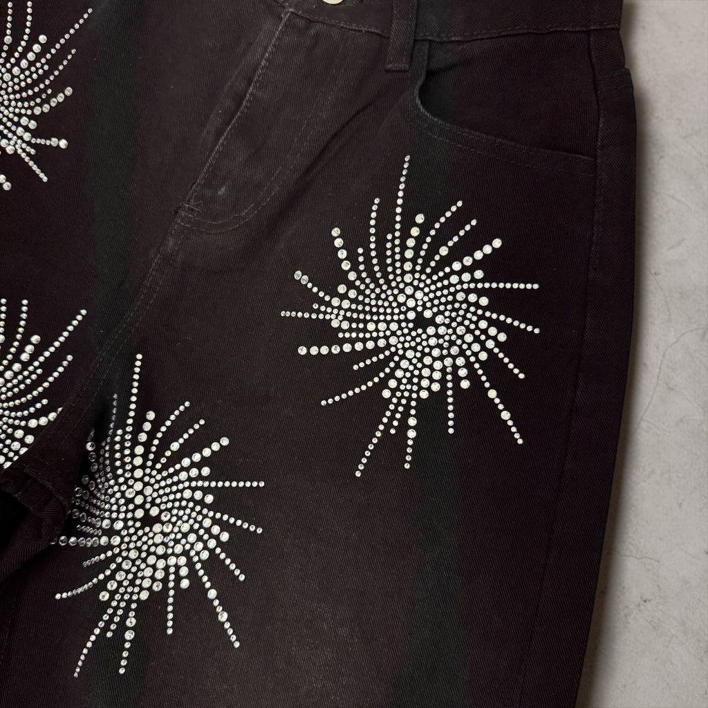 Jeans Palazzo "Starry Night" con Applicazioni Strass – Denim Nero
