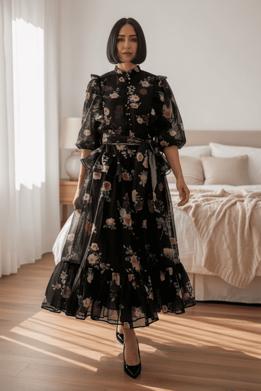 Coordinato Regency Core in Organza: Camicia a Sbuffo e Gonna a Ruota