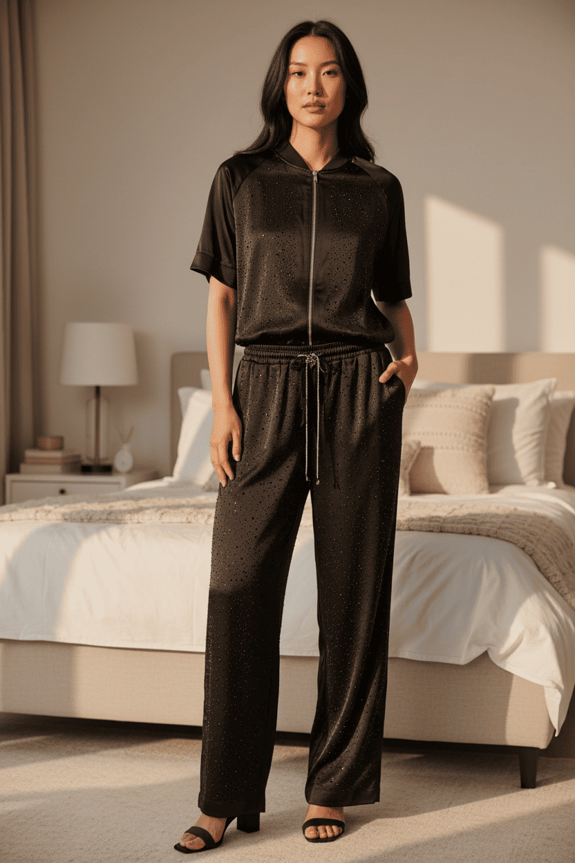 Set Coordinato Luxury in Raso e Strass: Eleganza Comfy-Chic