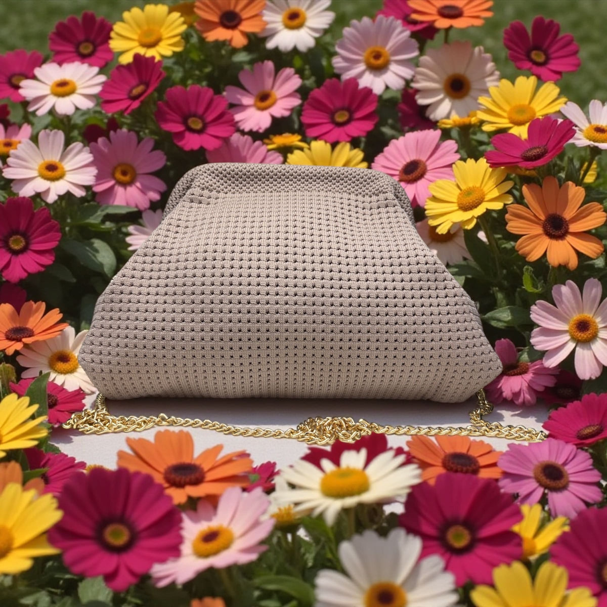 Borsa Clutch "Cloud" Soft-Knit TINTA UNITA con Apertura a Scatto e Tracolla Gold