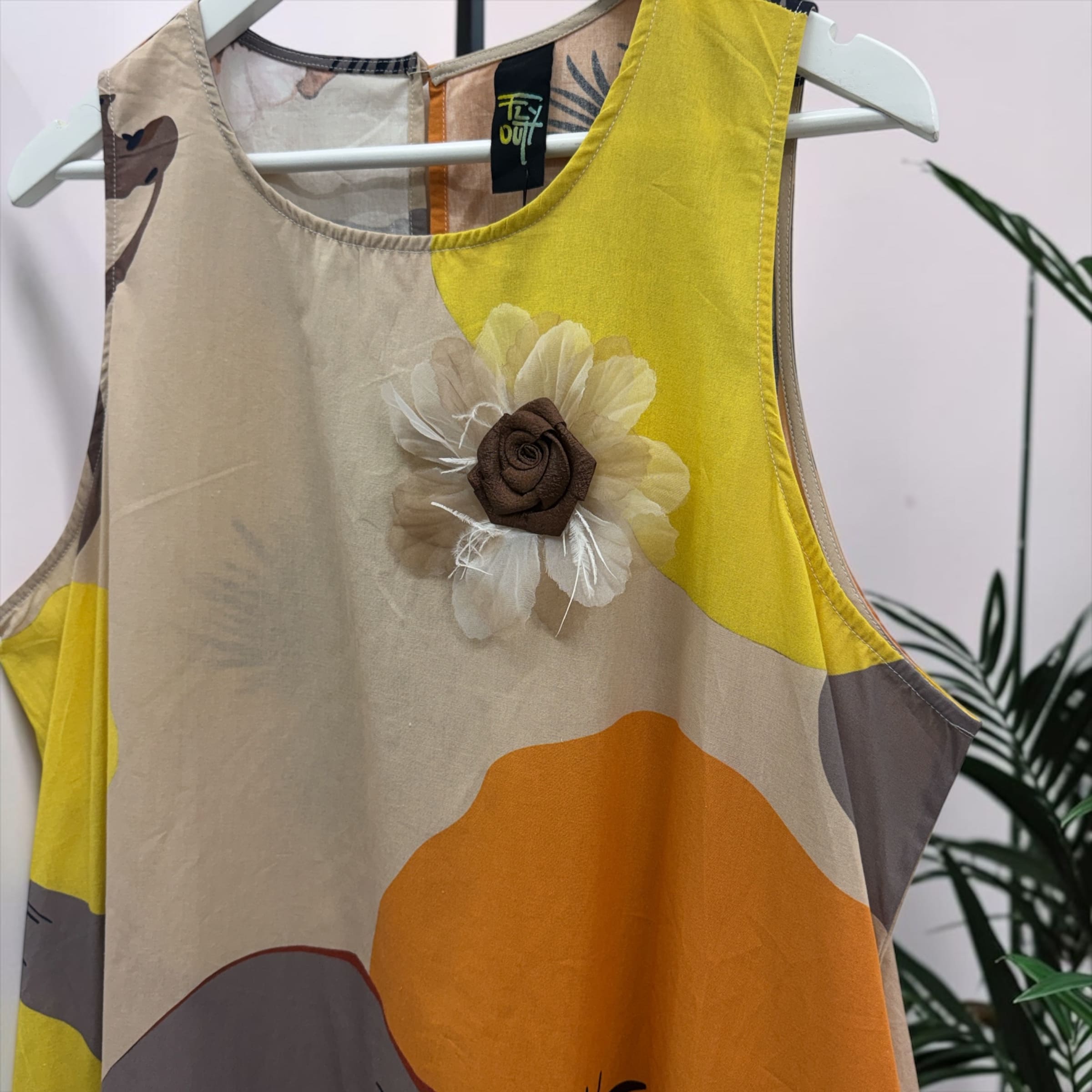 Abito Midi in Cotone Fantasia Floreale con Fiore Applicato