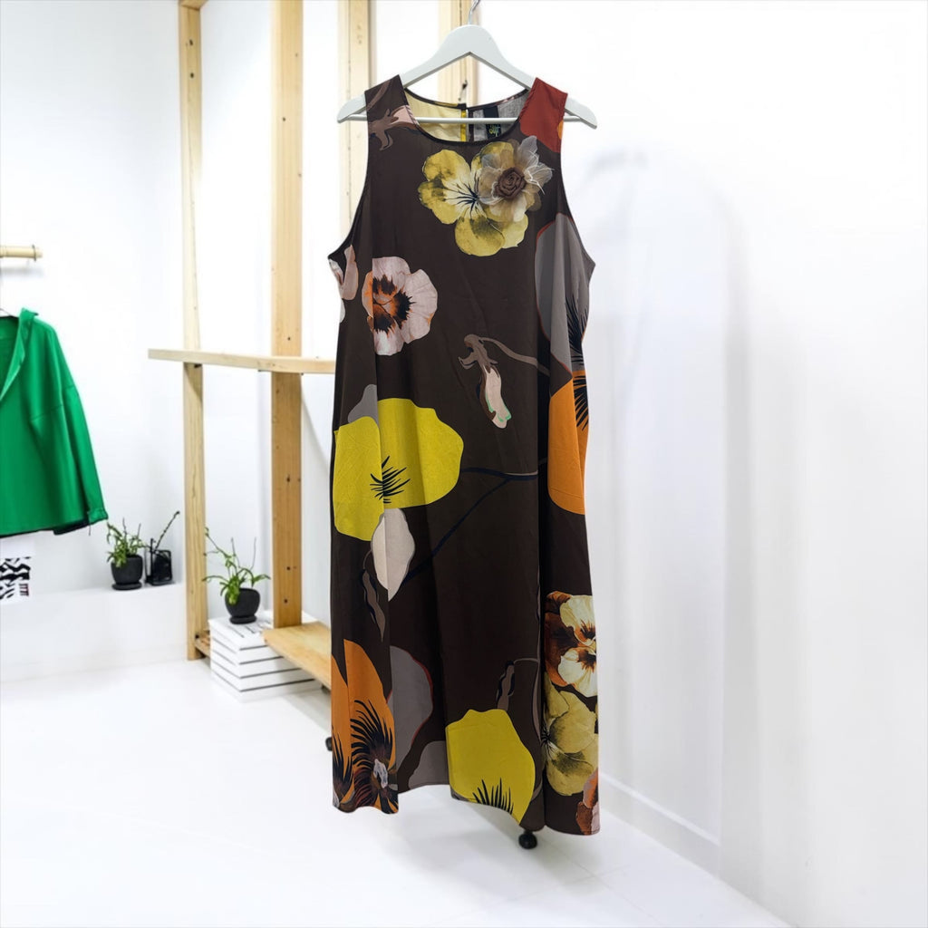 Abito Midi in Cotone Fantasia Floreale con Fiore Applicato