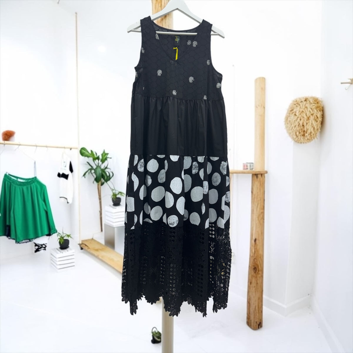 Abito Maxi Oversize in Cotone a Balze con Pizzo Macramè