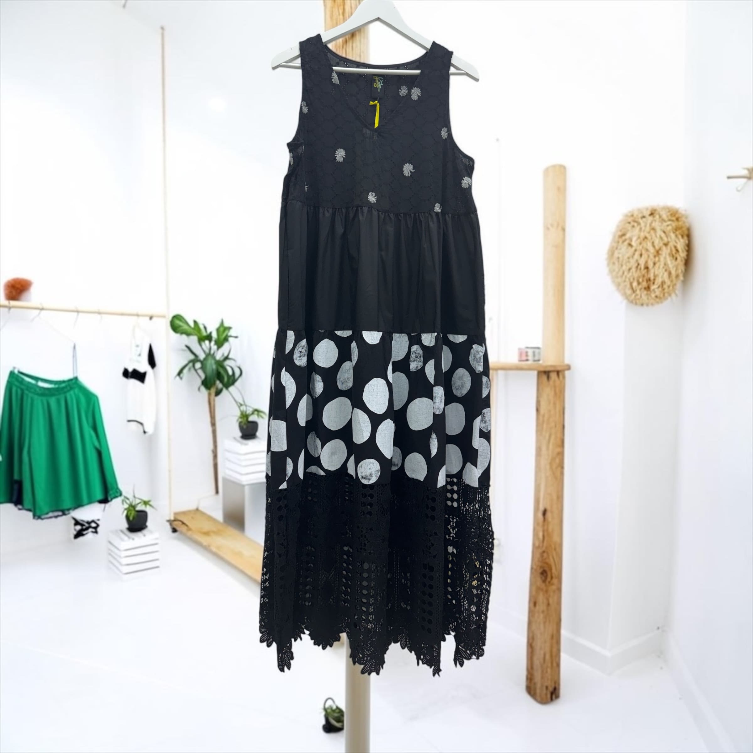 Abito Maxi Oversize in Cotone a Balze con Pizzo Macramè