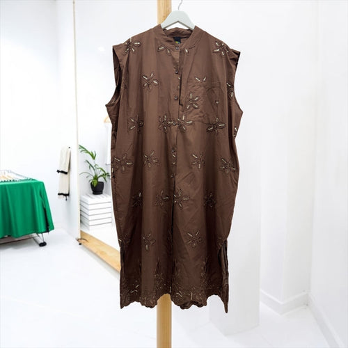 Abito Camicia Oversize in Cotone con Ricami e Paillettes