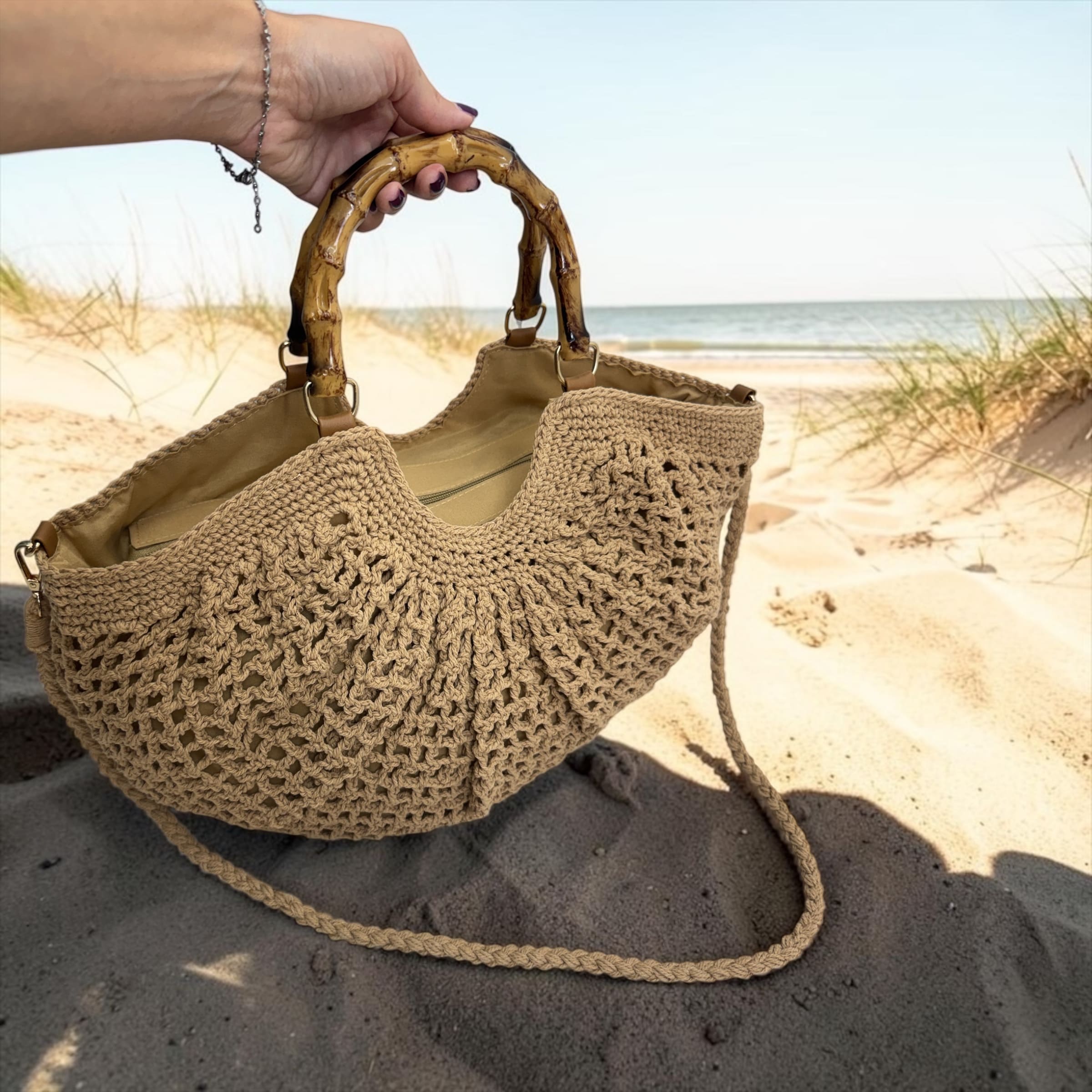 Borsa a Mezzaluna ad Uncinetto con Manico effetto Bambù - Tracolla Rimovibile