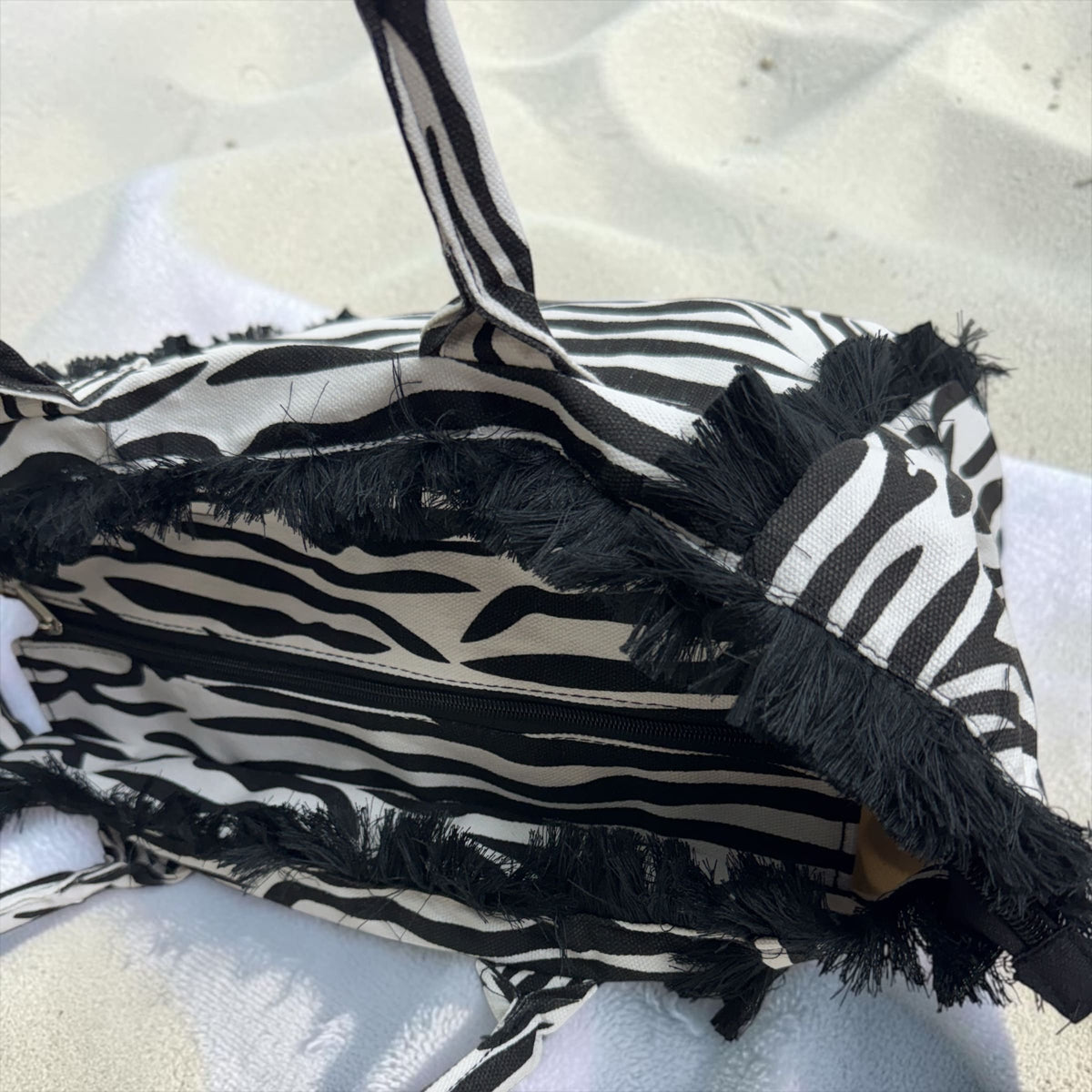 Borsa in Tela Animalier con Frange e Cerniera - Modello Zebrato e Leopardato
