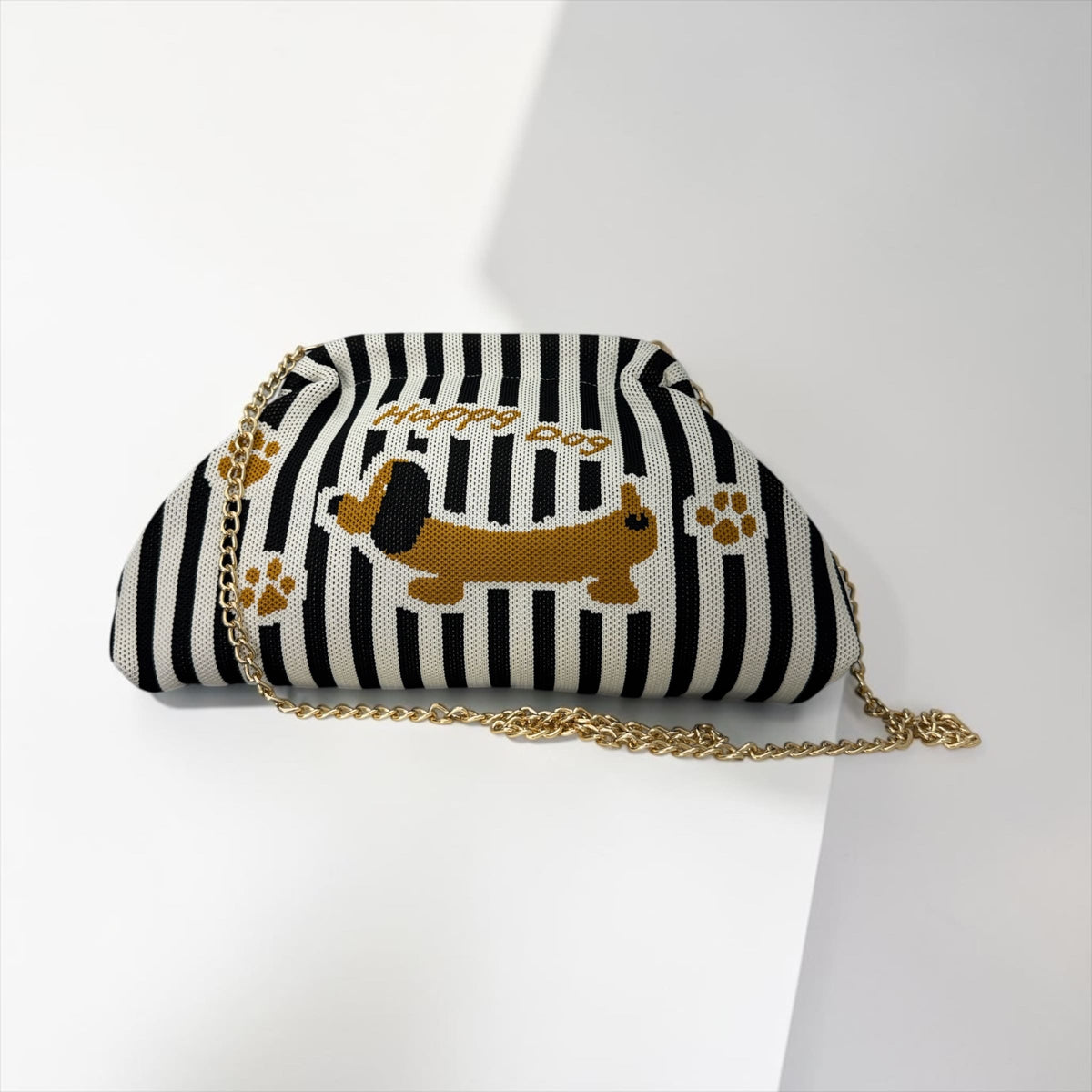 Clutch Donna Rigata "Happy Dog" con Tracolla a Catena Dorata – Borsa a Mano e Tracolla