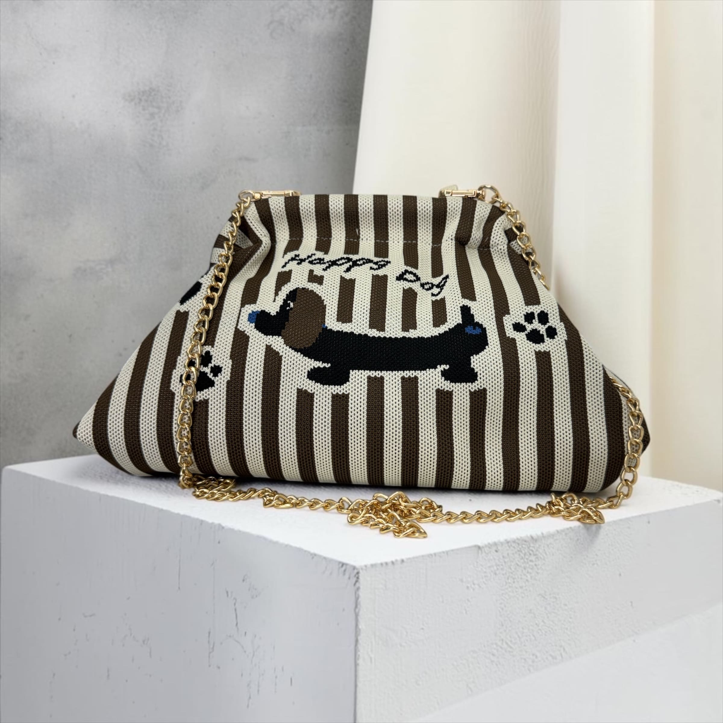 Clutch Donna Rigata "Happy Dog" con Tracolla a Catena Dorata – Borsa a Mano e Tracolla