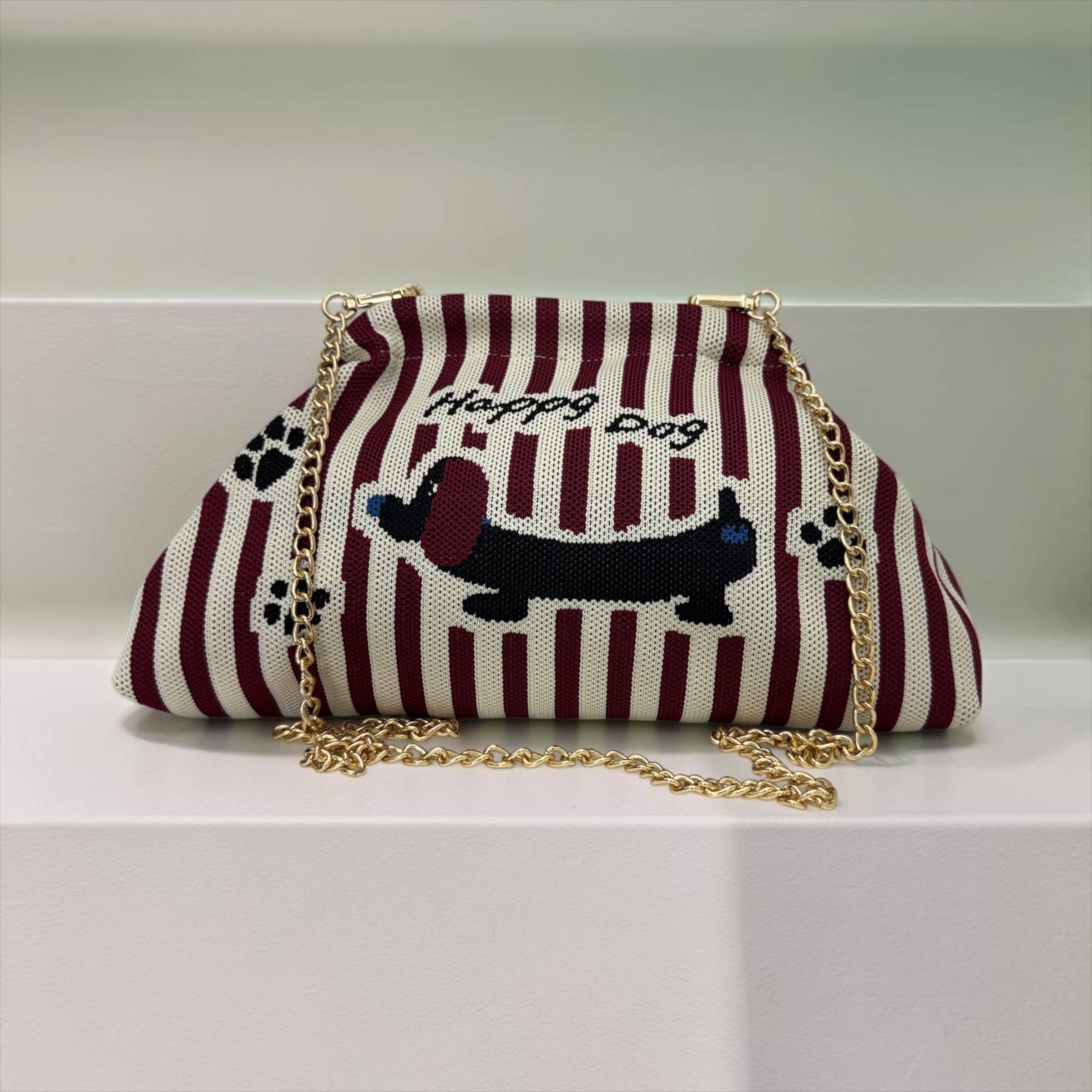 Clutch Donna Rigata "Happy Dog" con Tracolla a Catena Dorata – Borsa a Mano e Tracolla