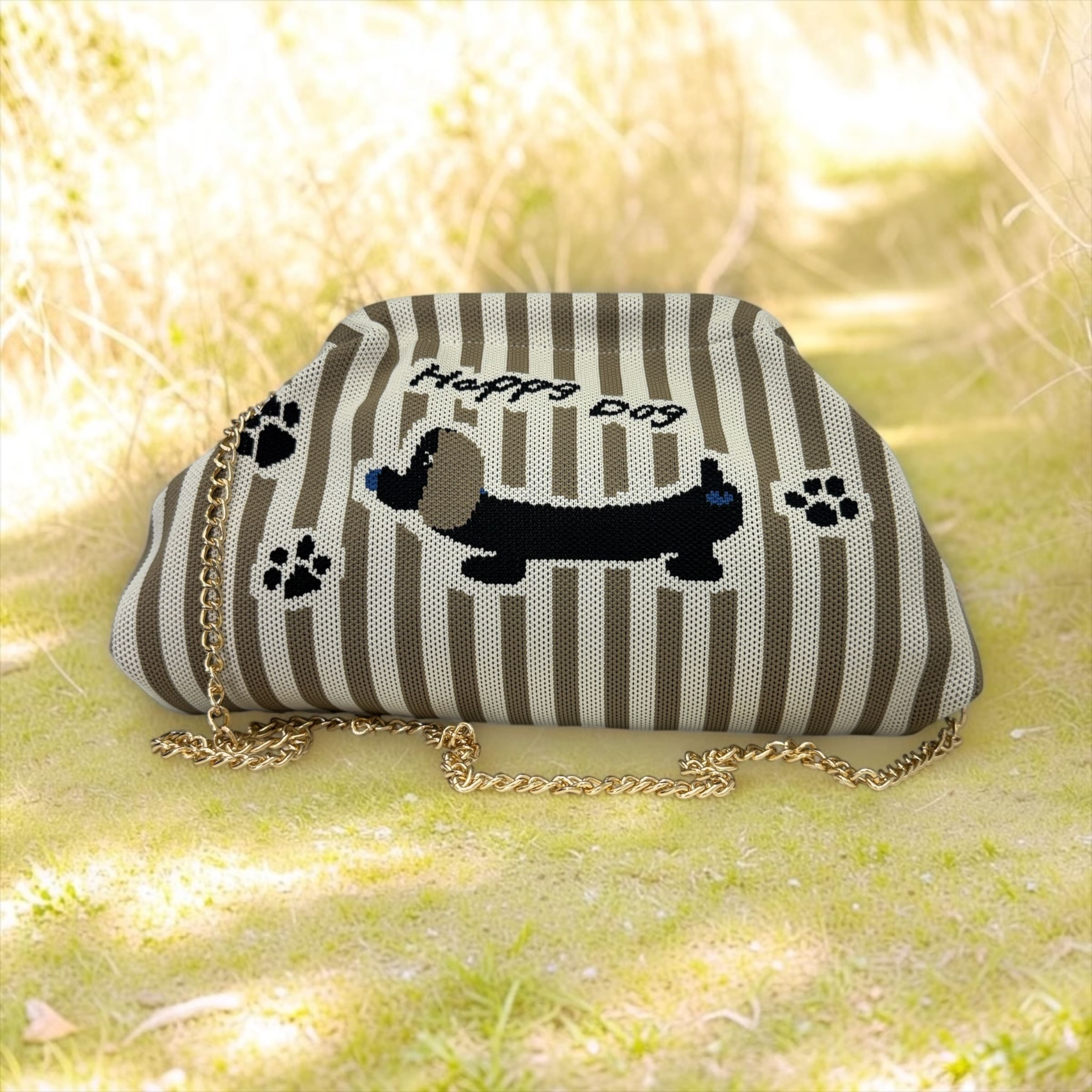 Clutch Donna Rigata "Happy Dog" con Tracolla a Catena Dorata – Borsa a Mano e Tracolla