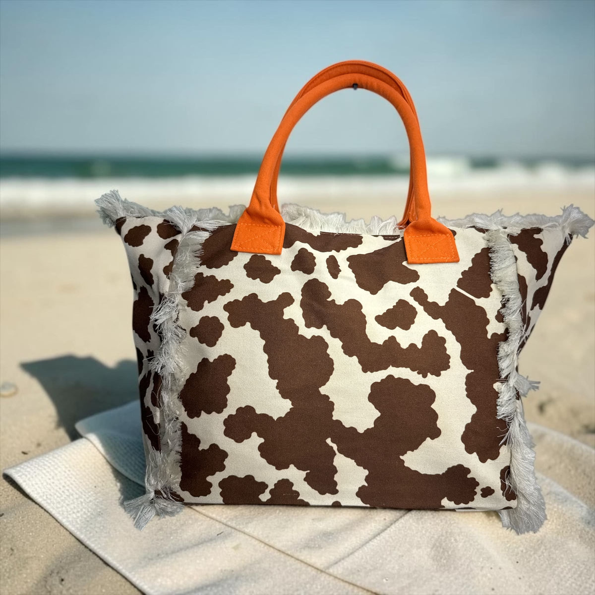Borsa Tote Bag in Canvas Cow Print con Frange e Manici Colorati