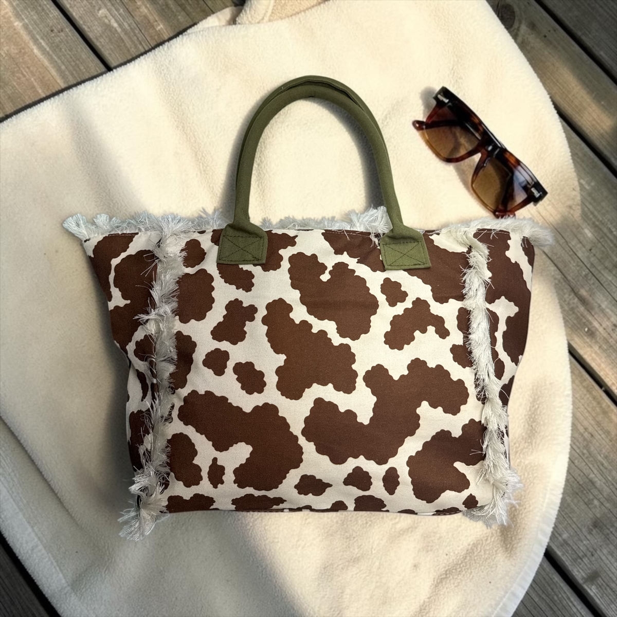 Borsa Tote Bag in Canvas Cow Print con Frange e Manici Colorati