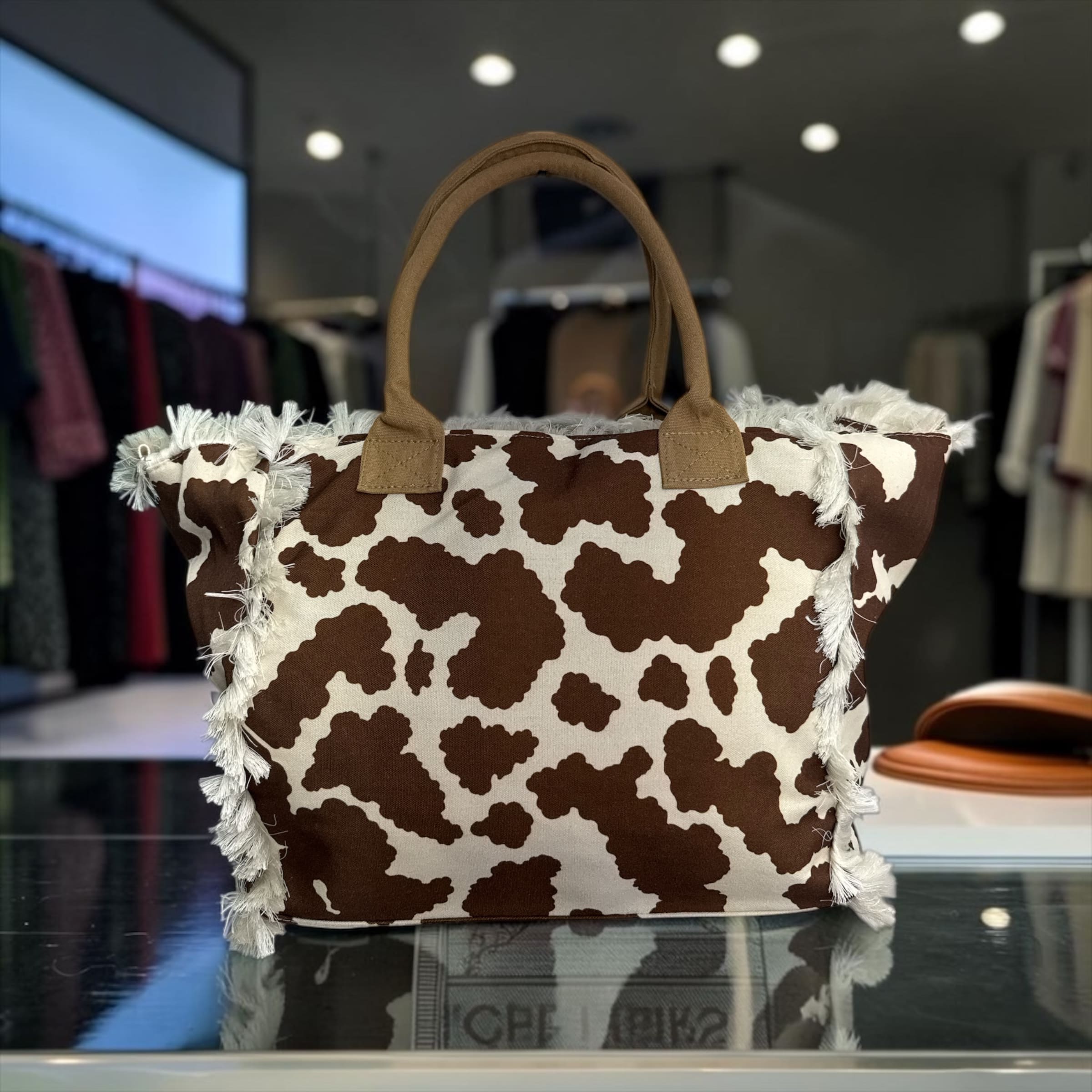 Borsa Tote Bag in Canvas Cow Print con Frange e Manici Colorati