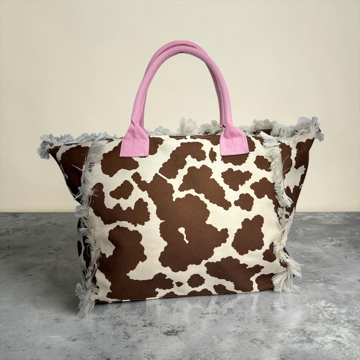 Borsa Tote Bag in Canvas Cow Print con Frange e Manici Colorati