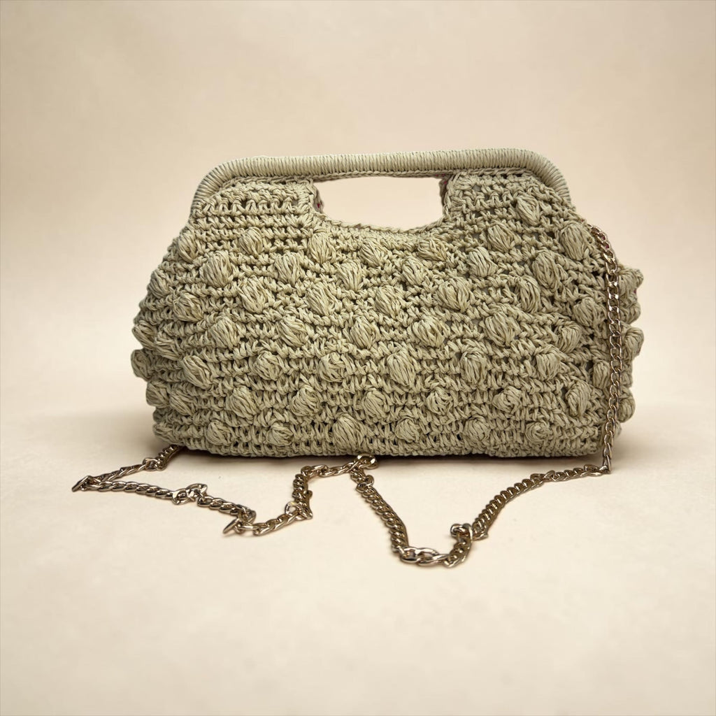 Borsa Clutch in Rafia Lavorata a Rilievo con Manico Incorporato e Tracolla Rimovibile
