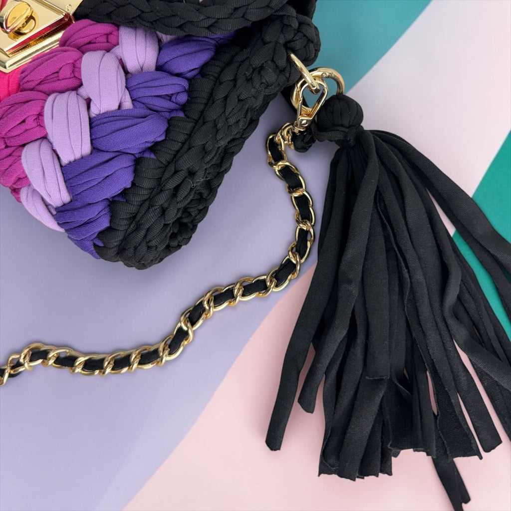 Borsetta a Uncinetto "Crochet Bag" Multicolore con Trama a Incrocio e Tracolla Rimovibile a Catena