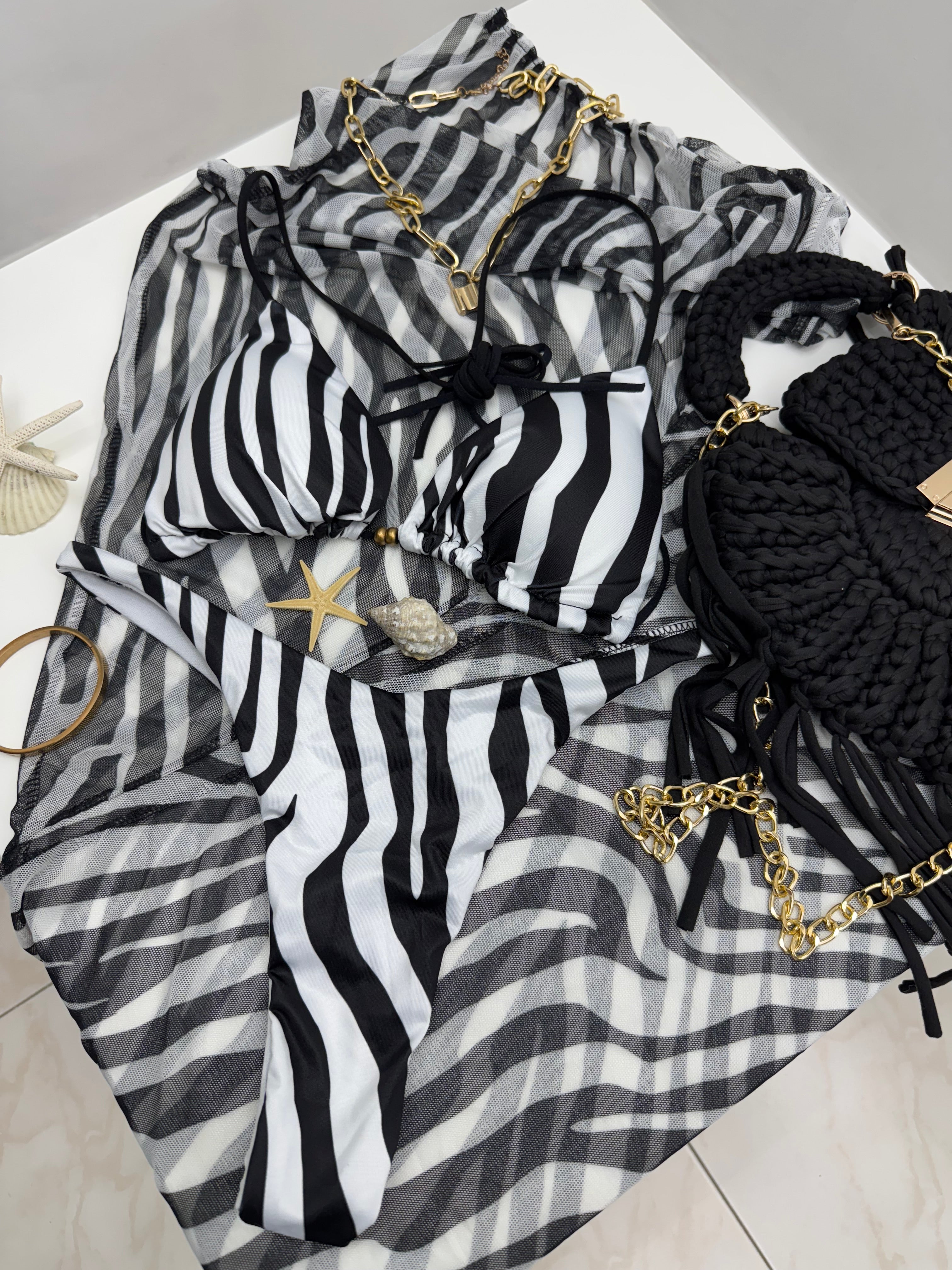 Set Mare Donna Zebrato – Bikini Due Pezzi con Gonna Velata Elasticizzata e Volant