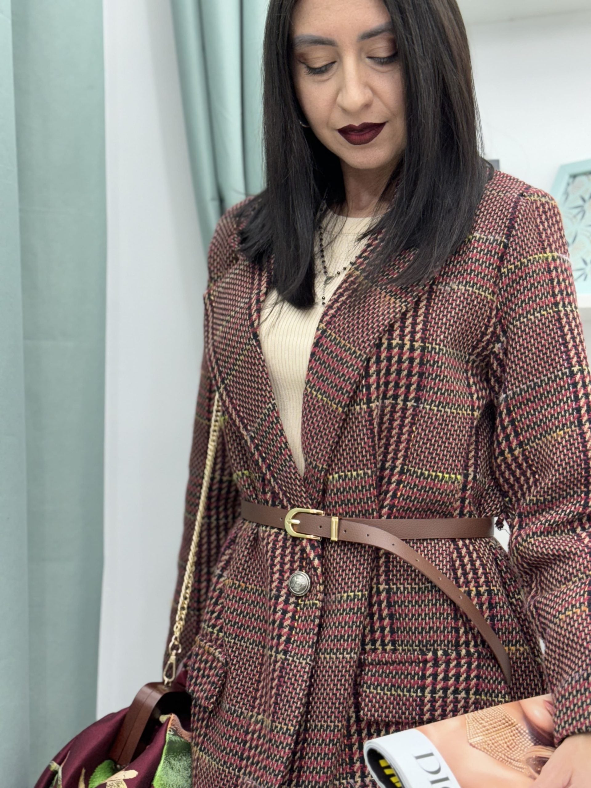 Blazer in pied de poule con cintura