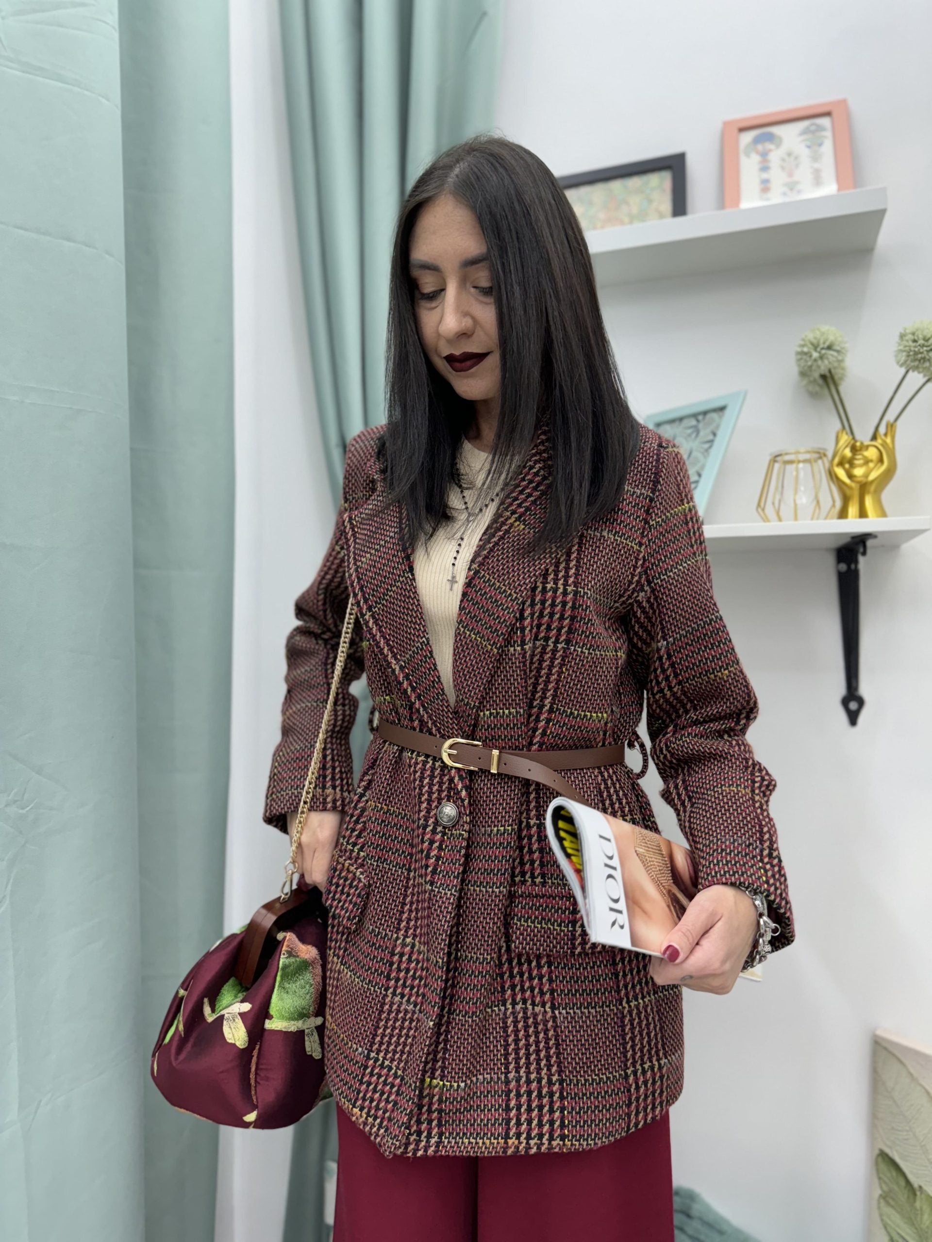 Blazer in pied de poule con cintura