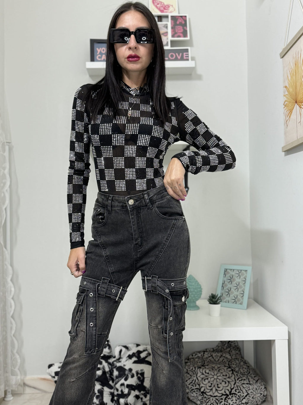 Body con strass in microrete