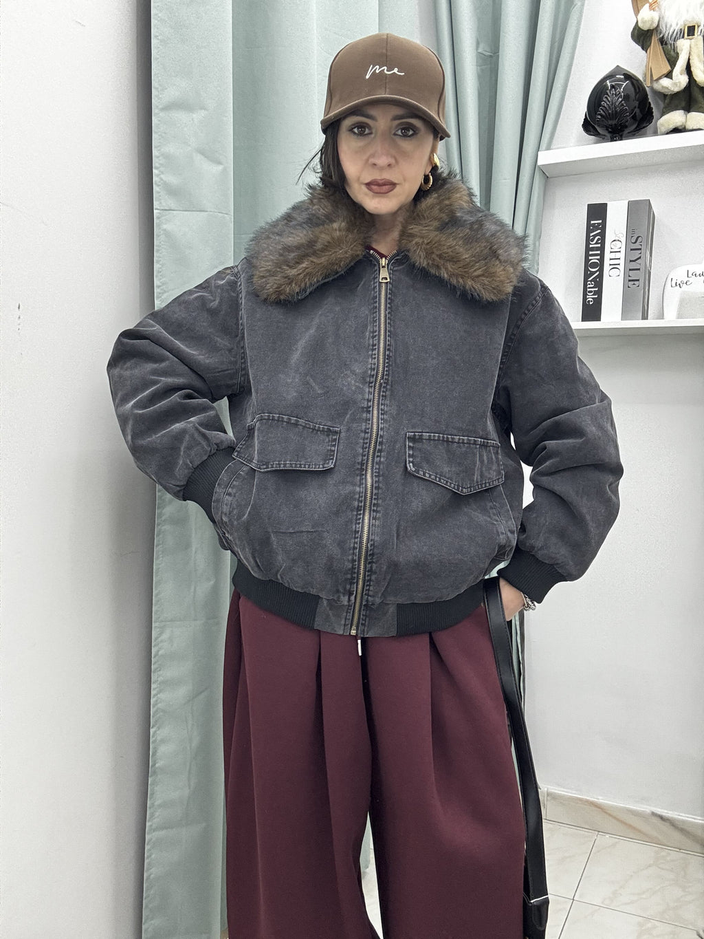 Bomber in Denim Slavato con Ecofur Removibile | Nero e Bordeaux