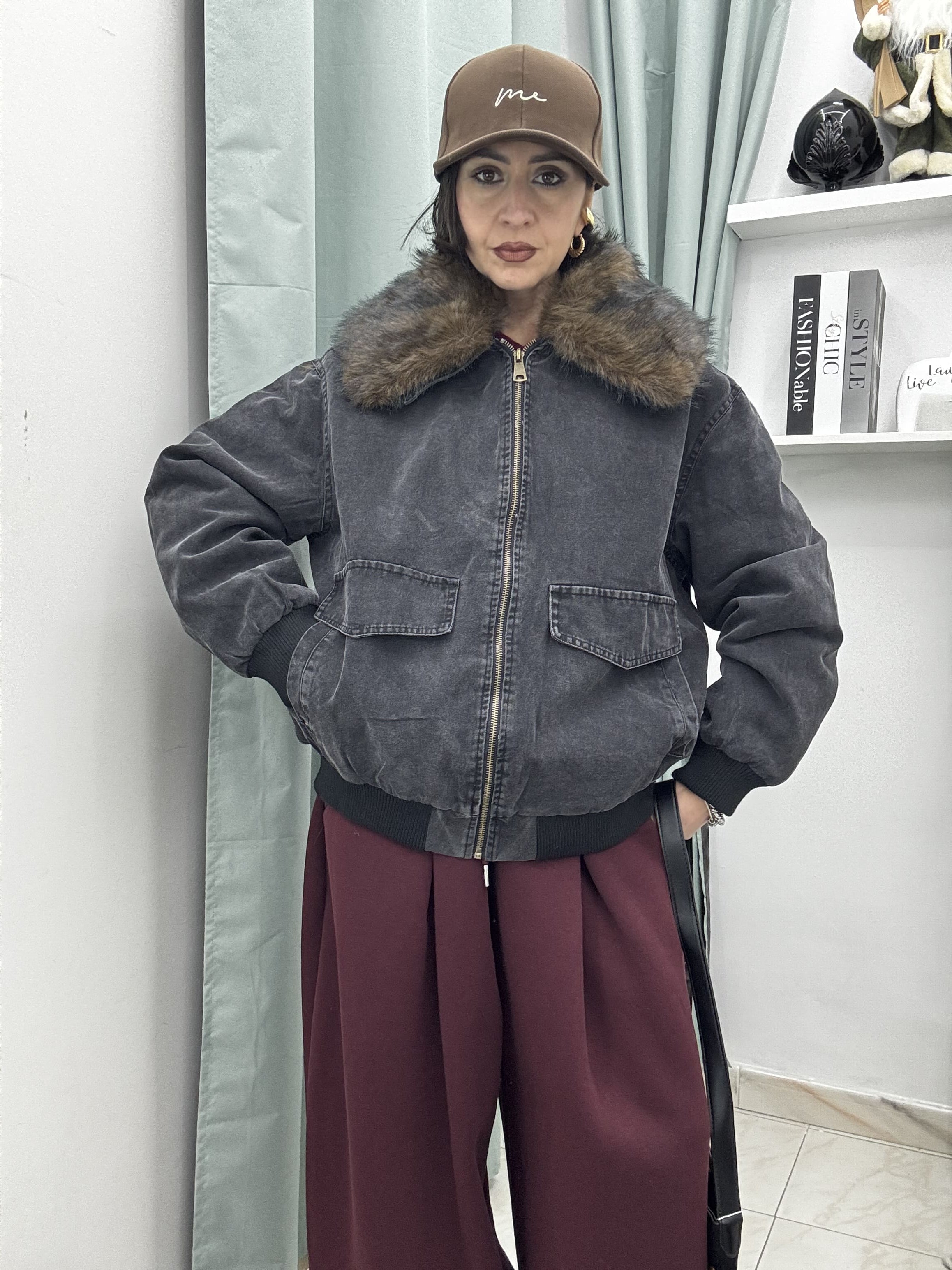 Bomber in Denim Slavato con Ecofur Removibile | Nero e Bordeaux