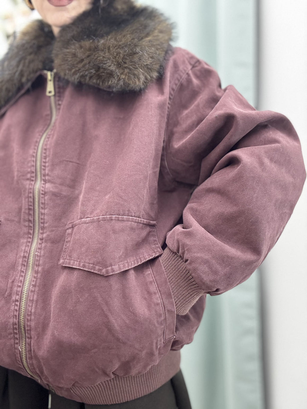 Bomber in Denim Slavato con Ecofur Removibile | Nero e Bordeaux