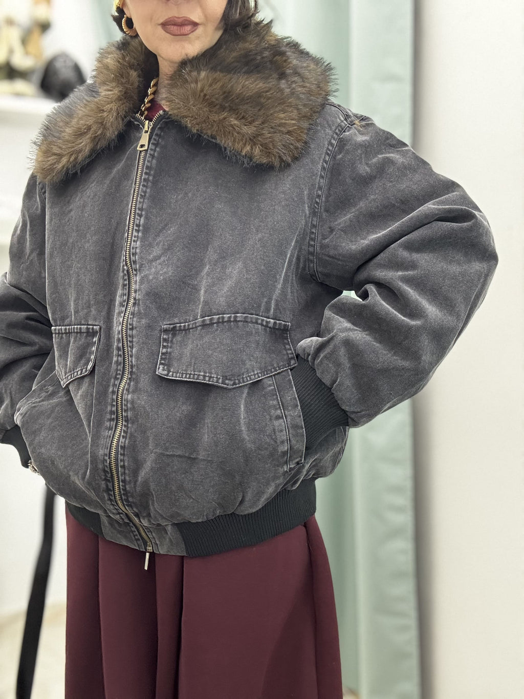 Bomber in Denim Slavato con Ecofur Removibile | Nero e Bordeaux