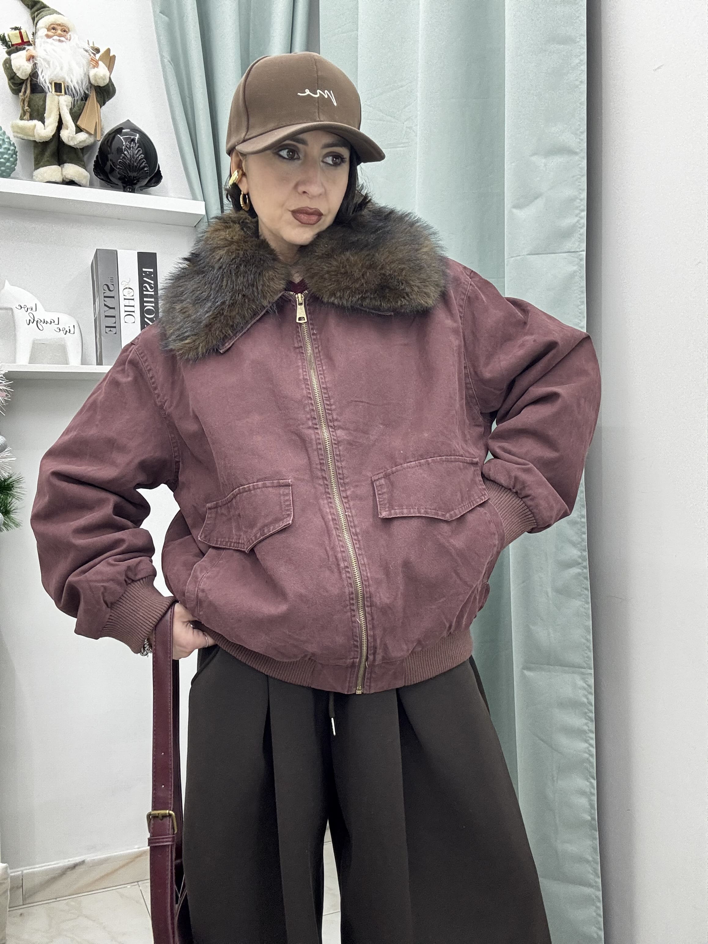 Bomber in Denim Slavato con Ecofur Removibile | Nero e Bordeaux