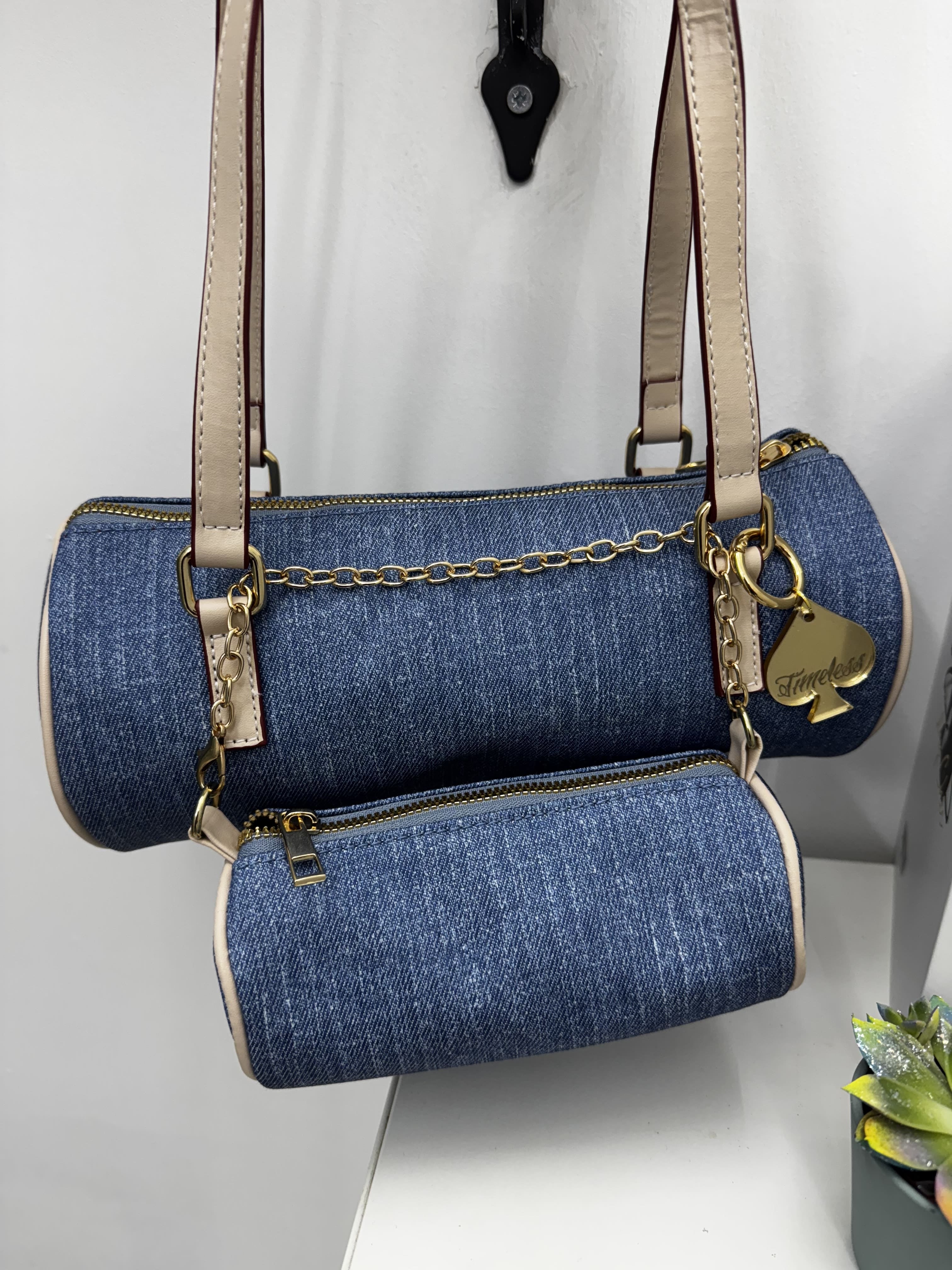 Borsa cilindro in denim con tasca