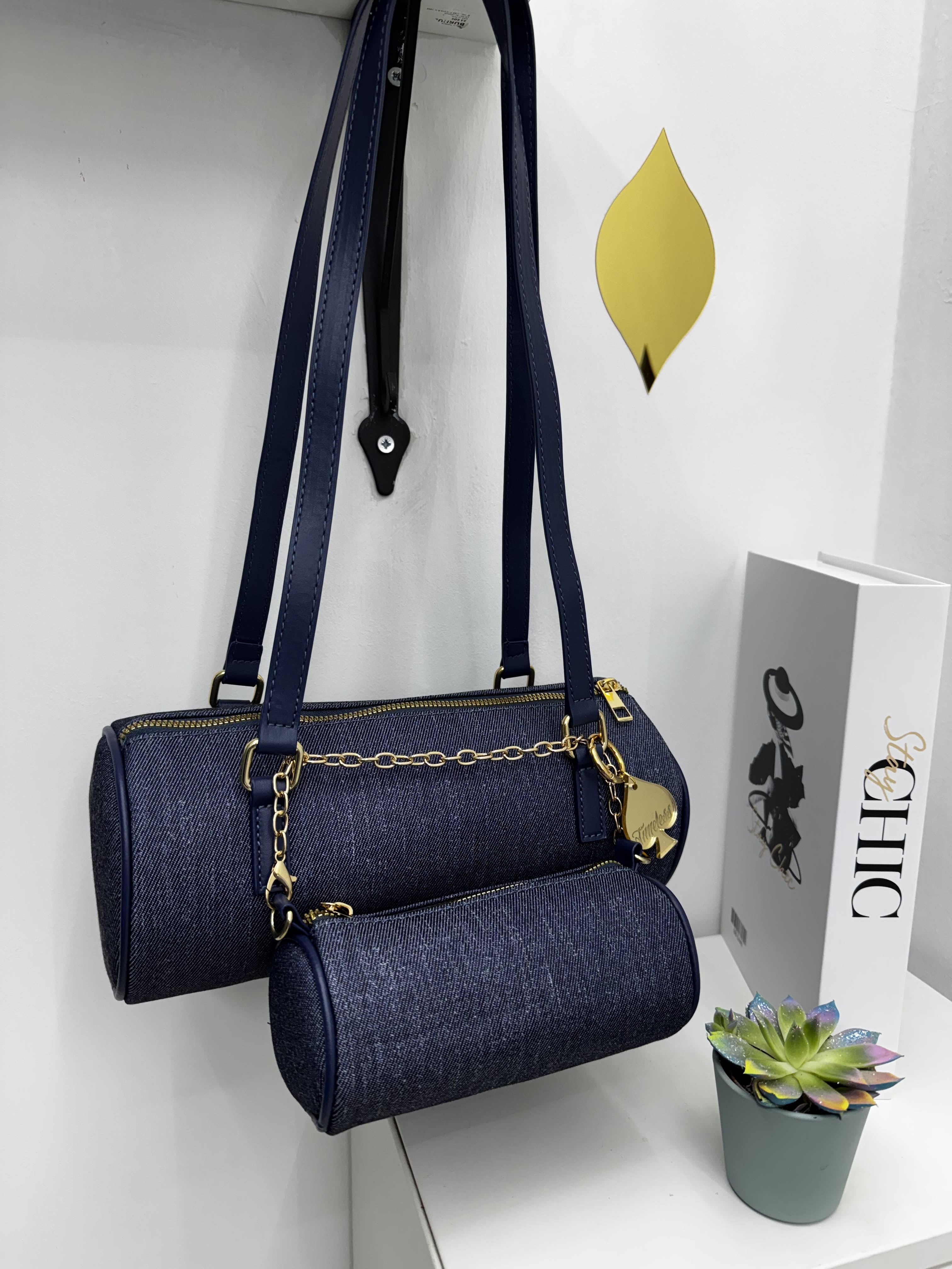 Borsa cilindro in denim con tasca