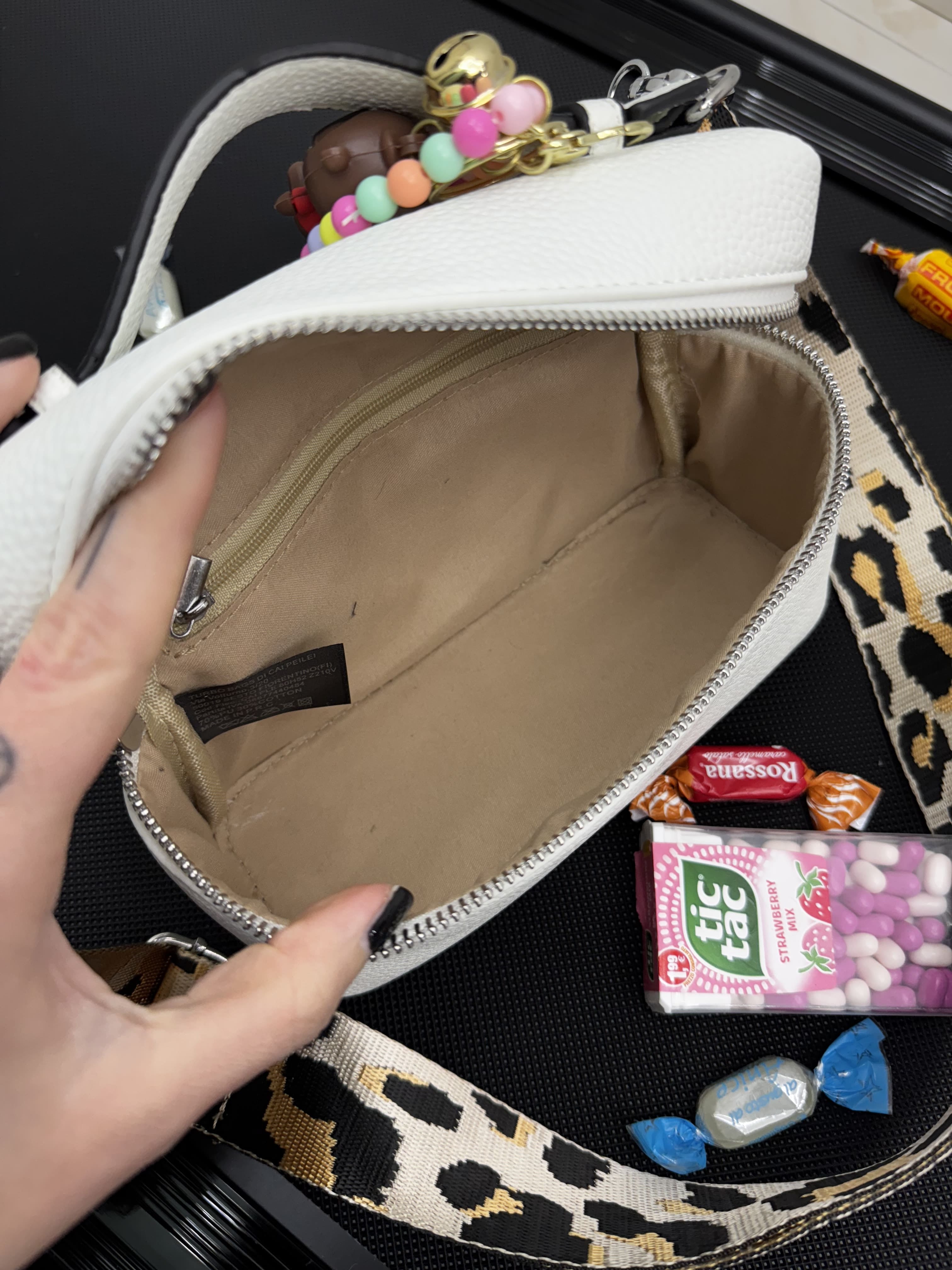 Borsa con tracolla maculata in stoffa e charme