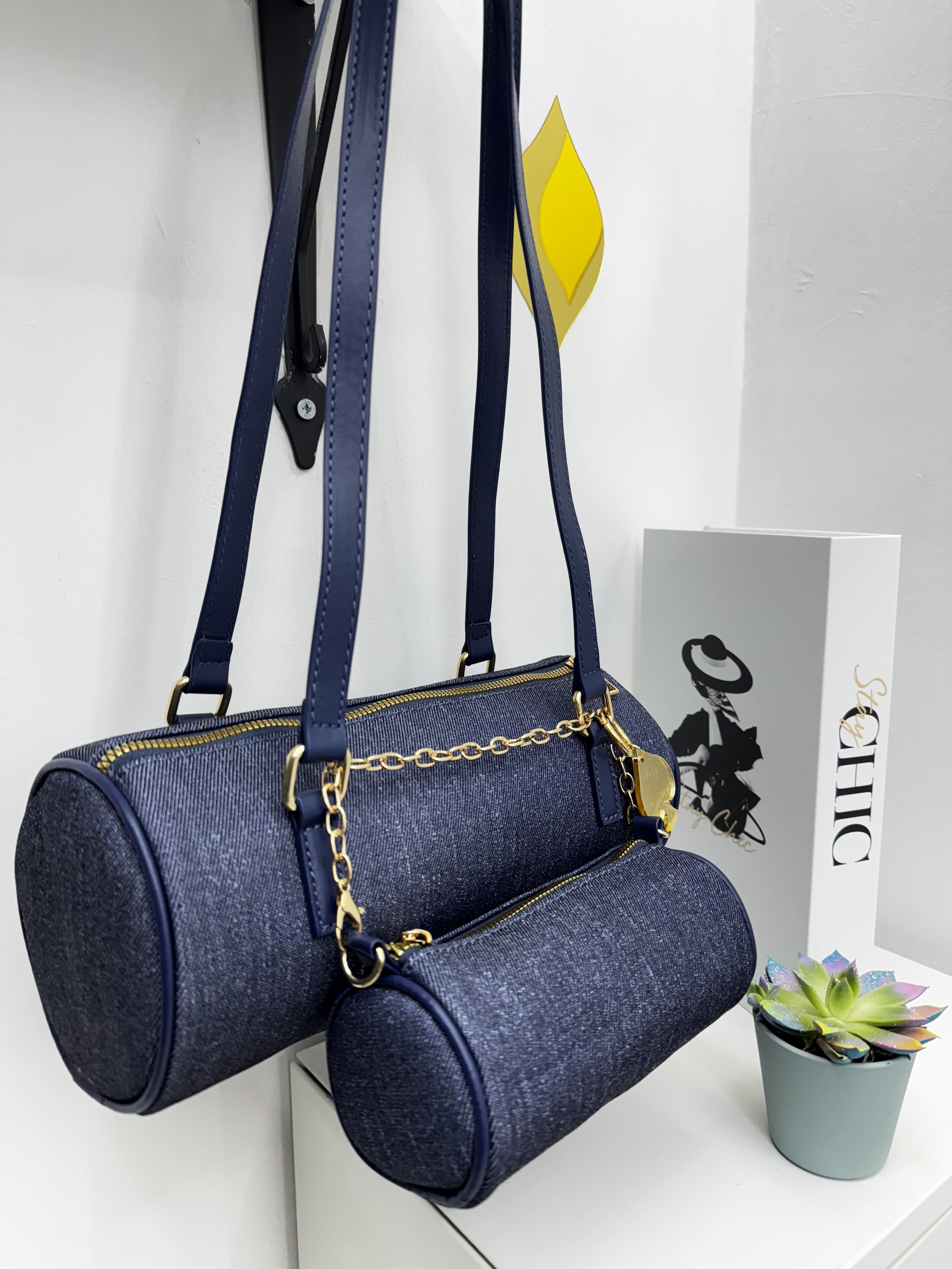Borsa cilindro in denim con tasca
