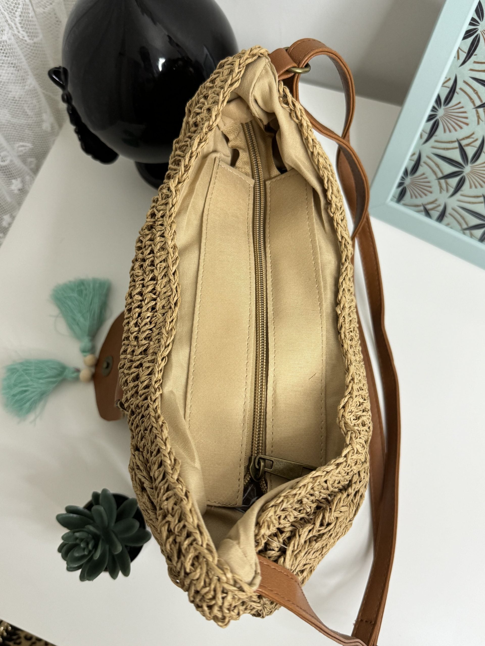 Borsa in rafia rotonda con tracolla