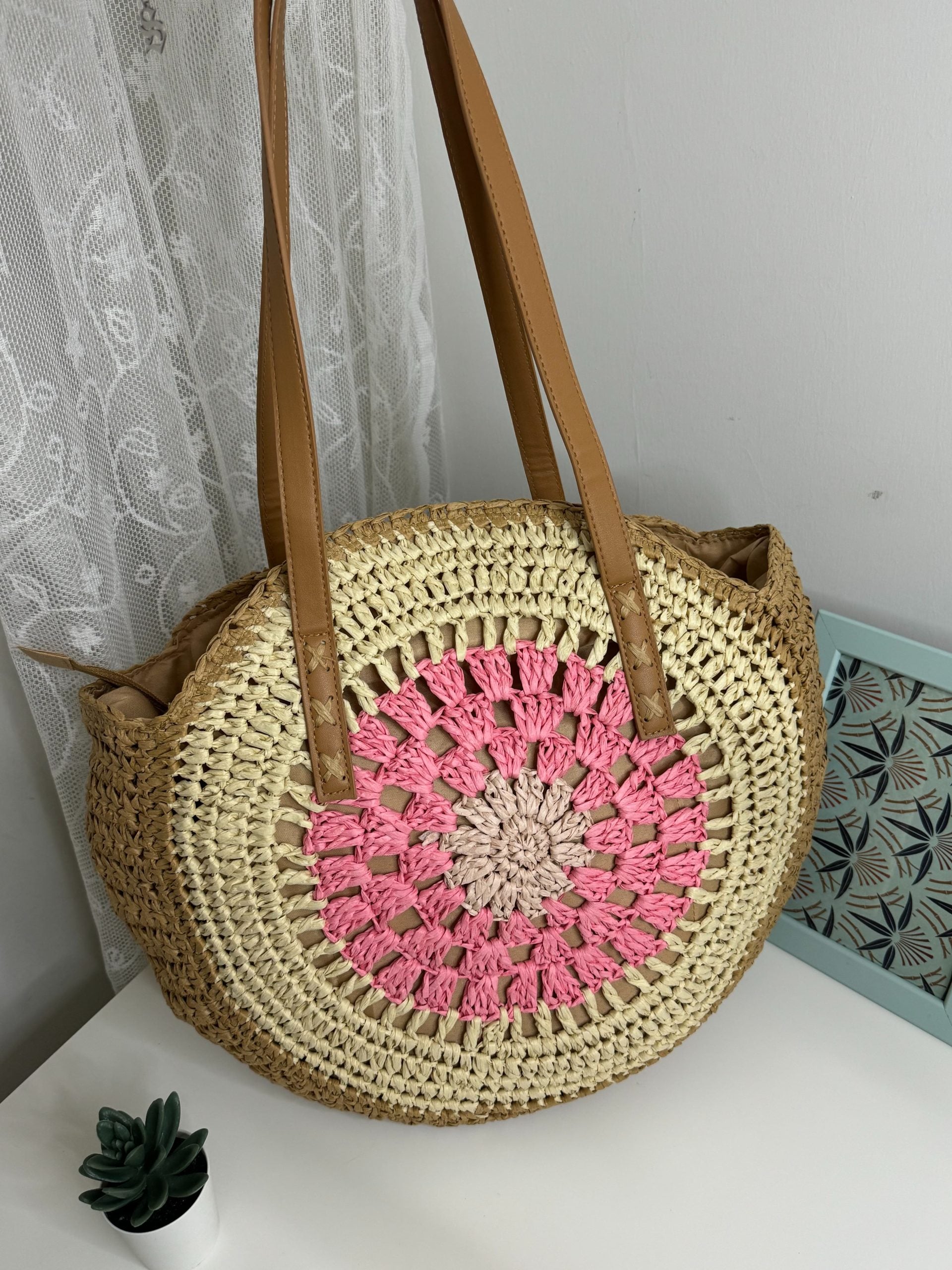 Borsa in rafia rotonda con tracolla