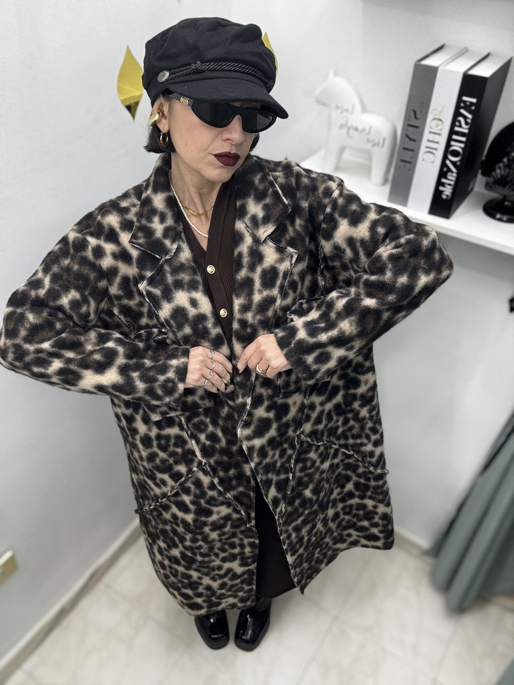 Cappotto Donna in Lana Cotta Oversize – Fantasia Animalier Maculata | Bianco/Nero & Beige/Marrone