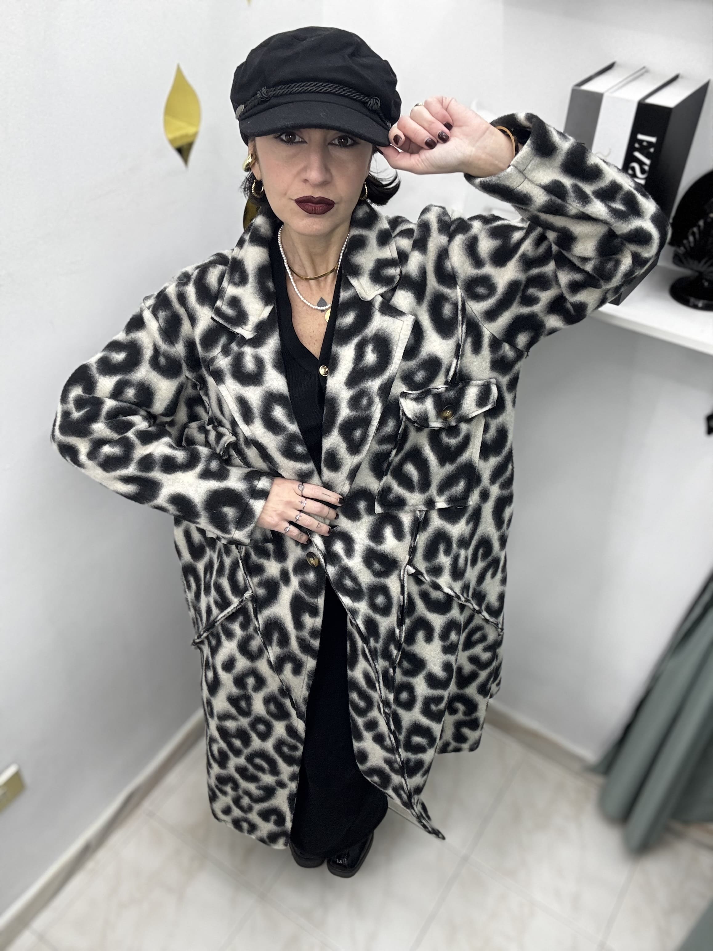 Cappotto Donna in Lana Cotta Oversize – Fantasia Animalier Maculata | Bianco/Nero & Beige/Marrone