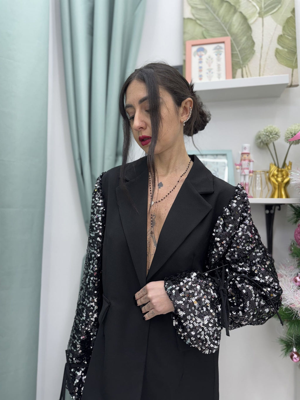 Giacca con maniche a sbuffo in paillettes