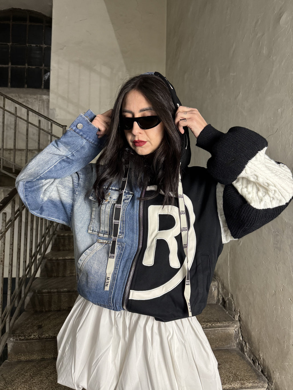 Giubbino bomber in denim e felpa