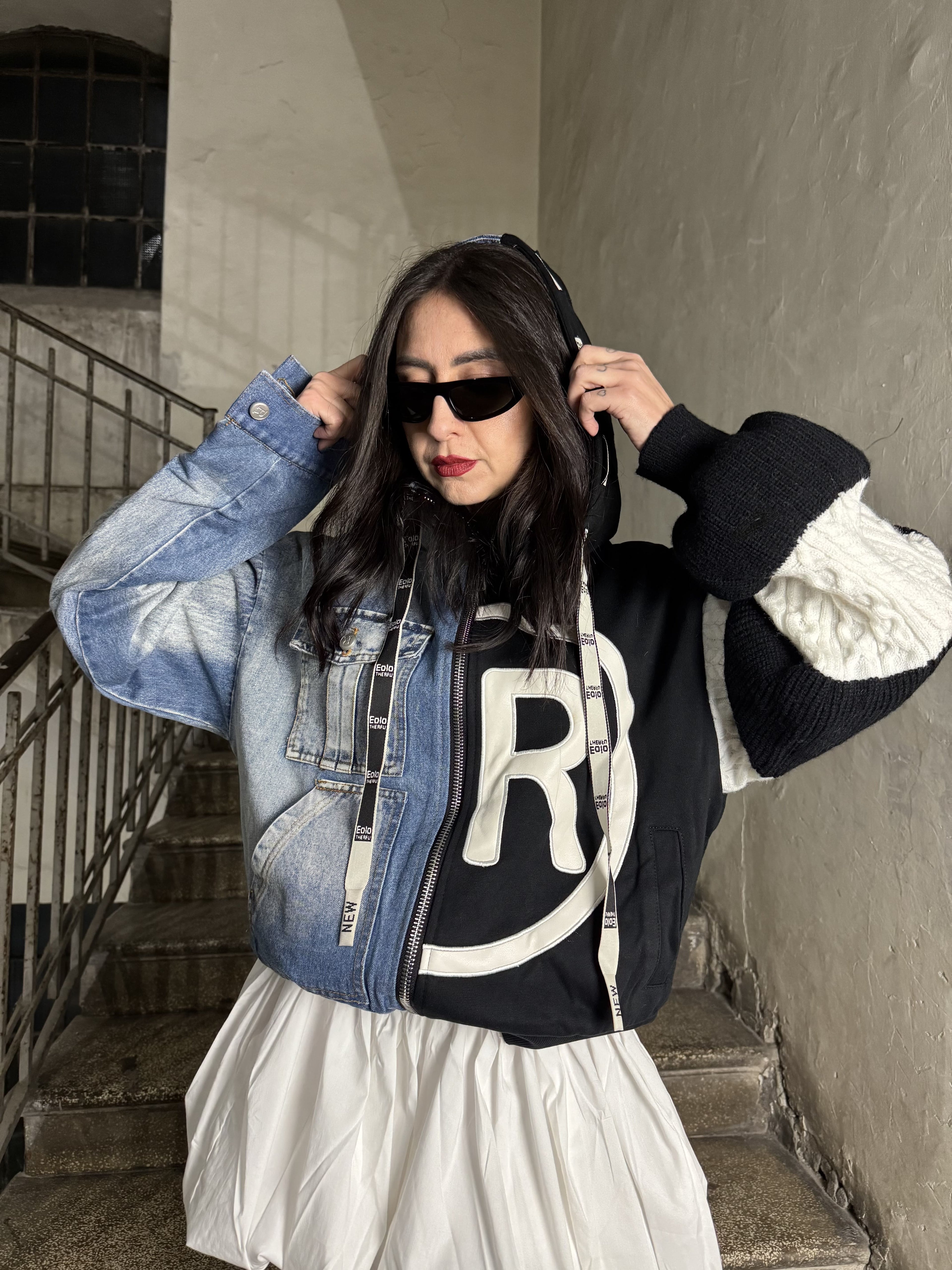 Giubbino bomber in denim e felpa