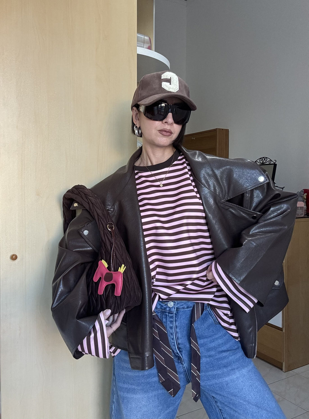 Giubbino donna oversize in similpelle marrone modello chiodo – Big Size