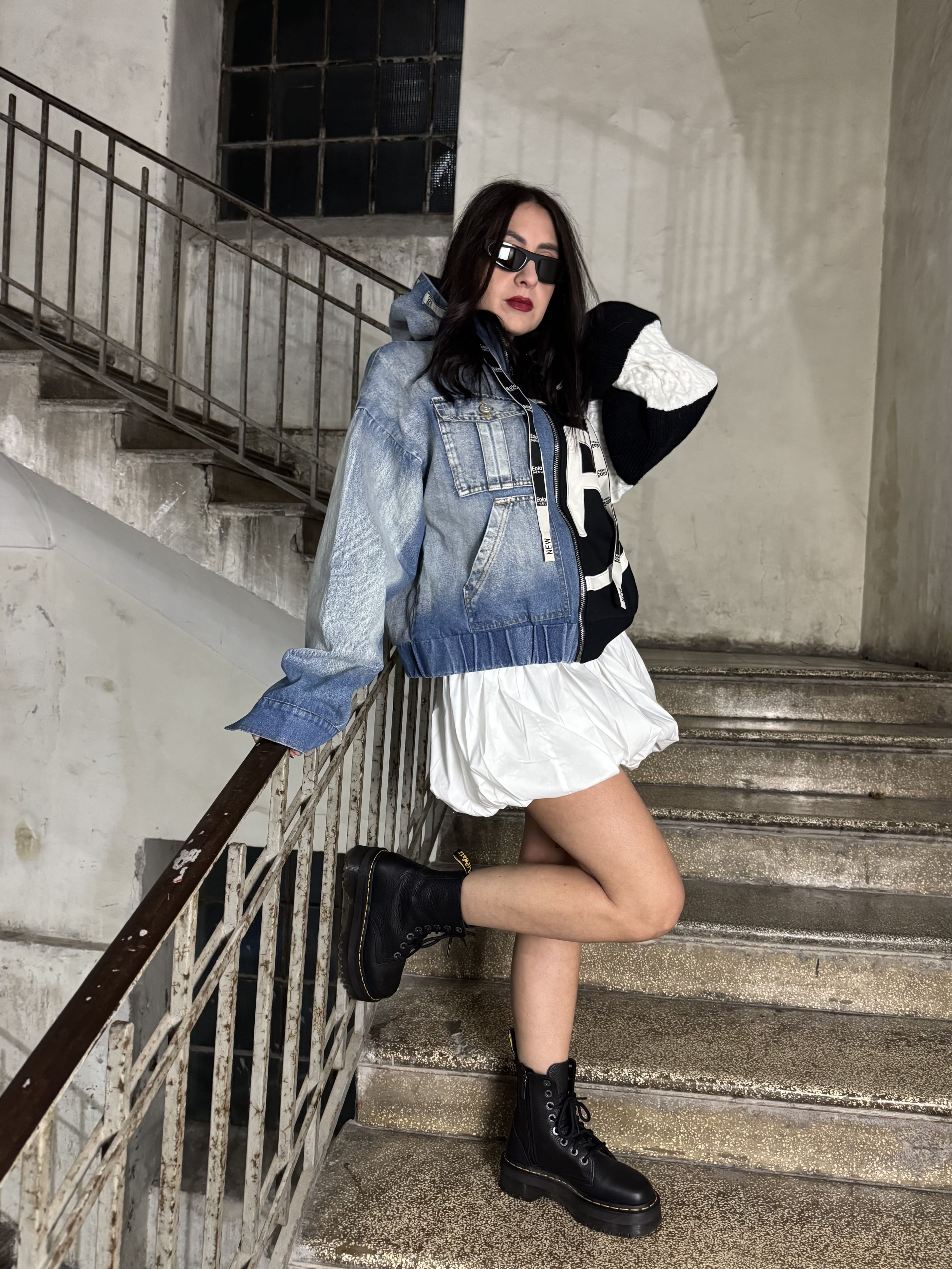 Giubbino bomber in denim e felpa