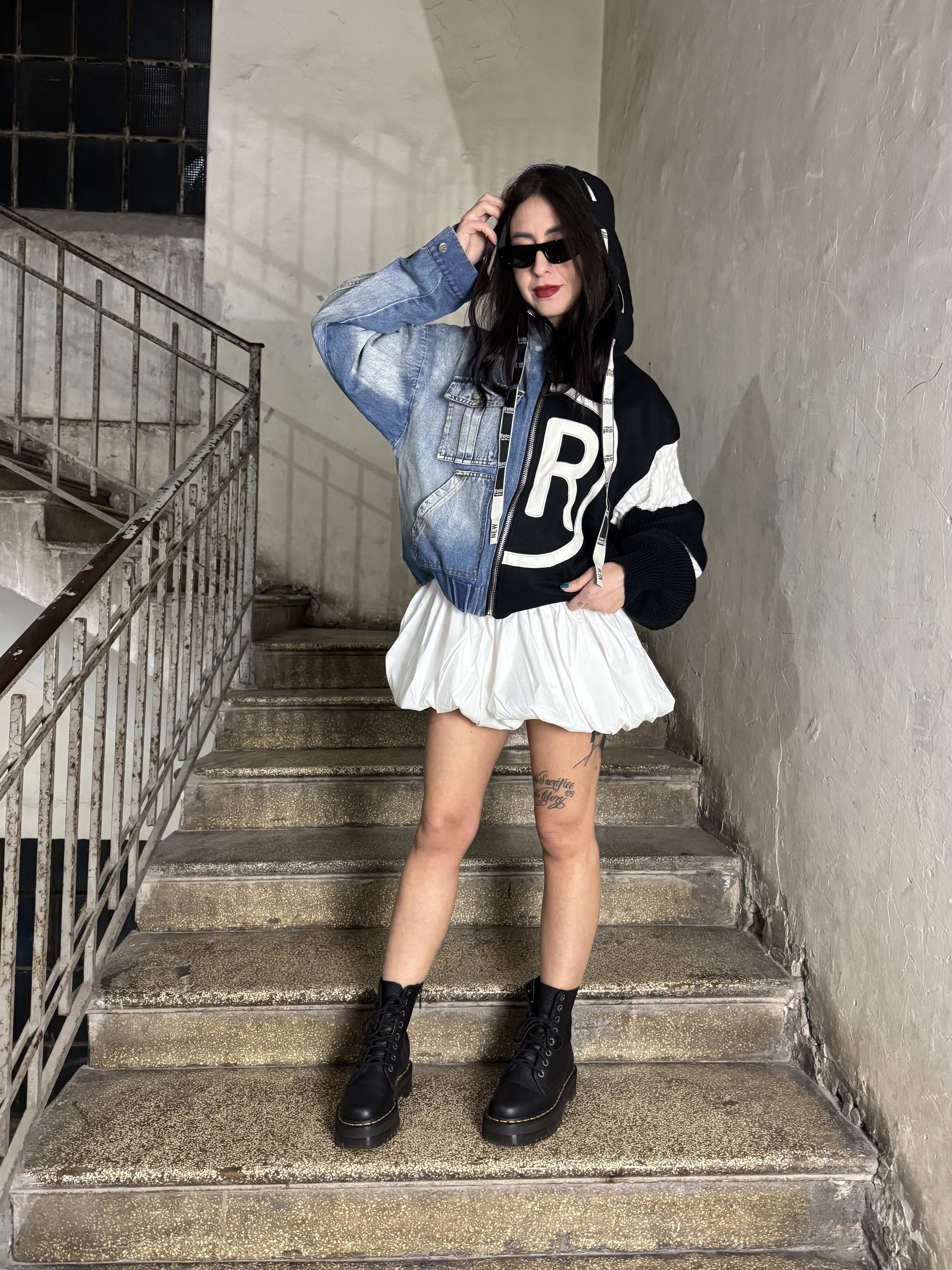 Giubbino bomber in denim e felpa
