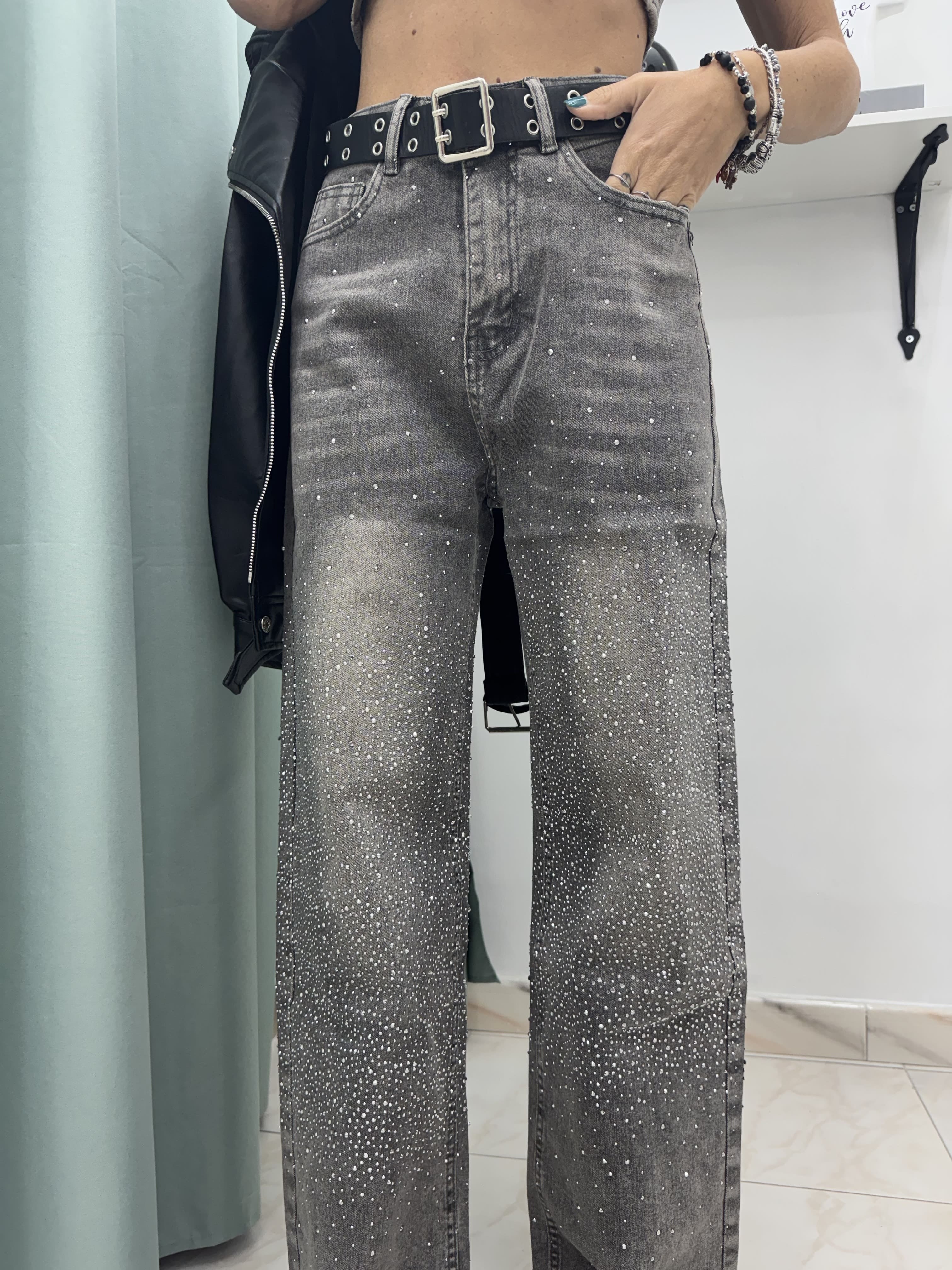 Pantalone palazzo donna grigio slavato con strass – vita alta, elasticizzato