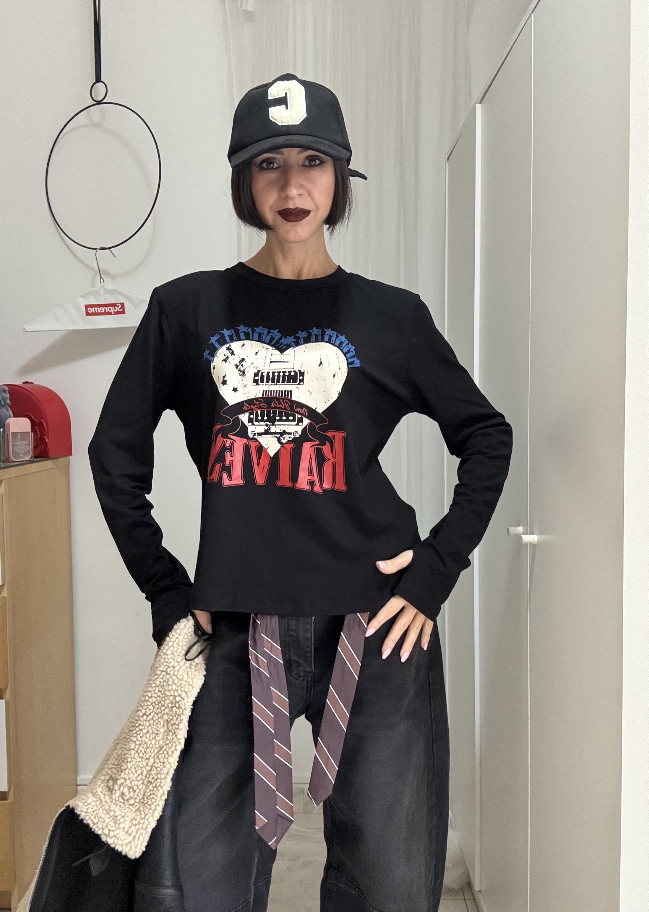 Maglia a Manica Lunga in Cotone con Stampa – Spalline Larghe e Manica a Guanto, Taglia Unica (XS–L)