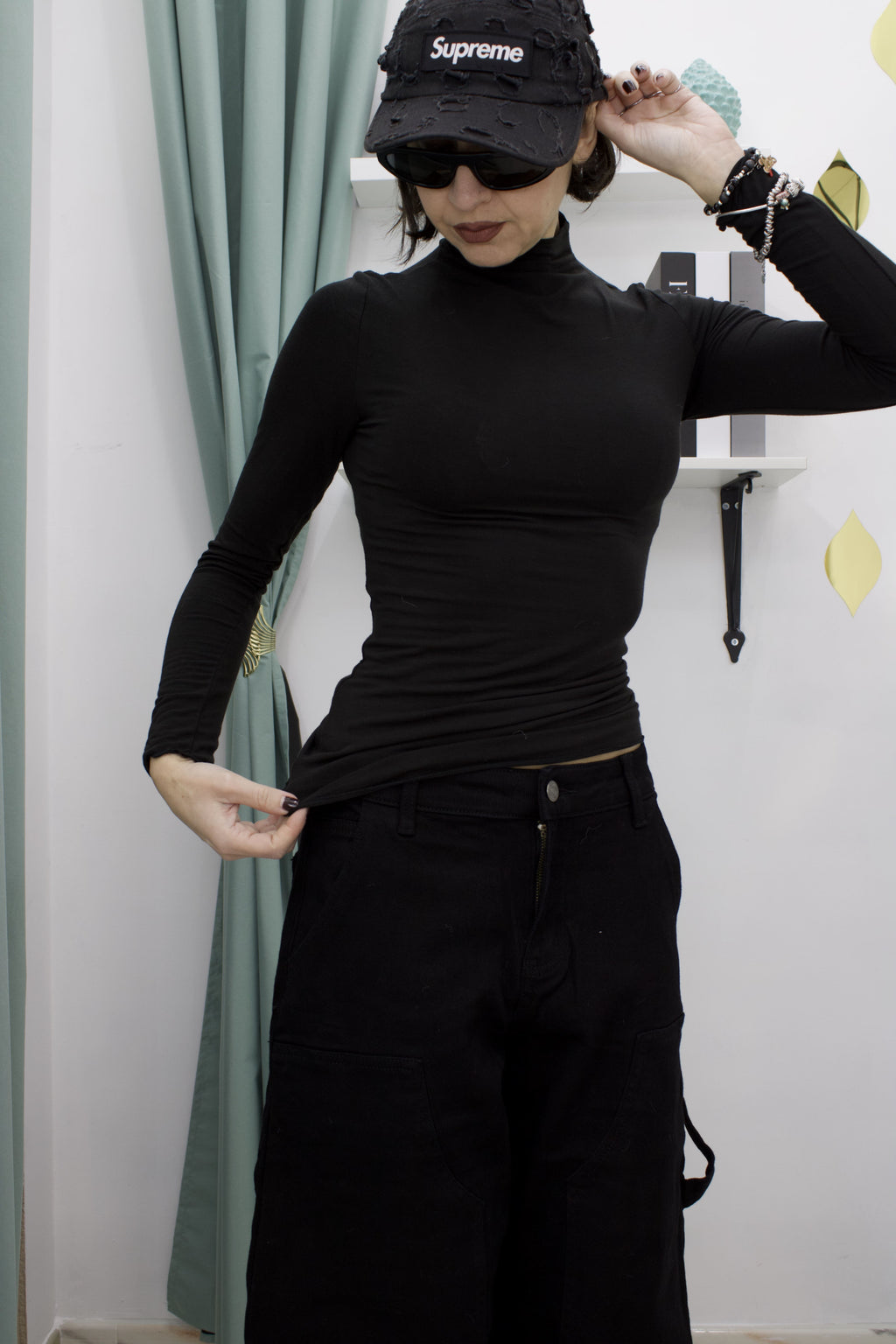 Maglia elasticizzata in misto cashmere sottile a mezzo collo – Taglia unica XS–L