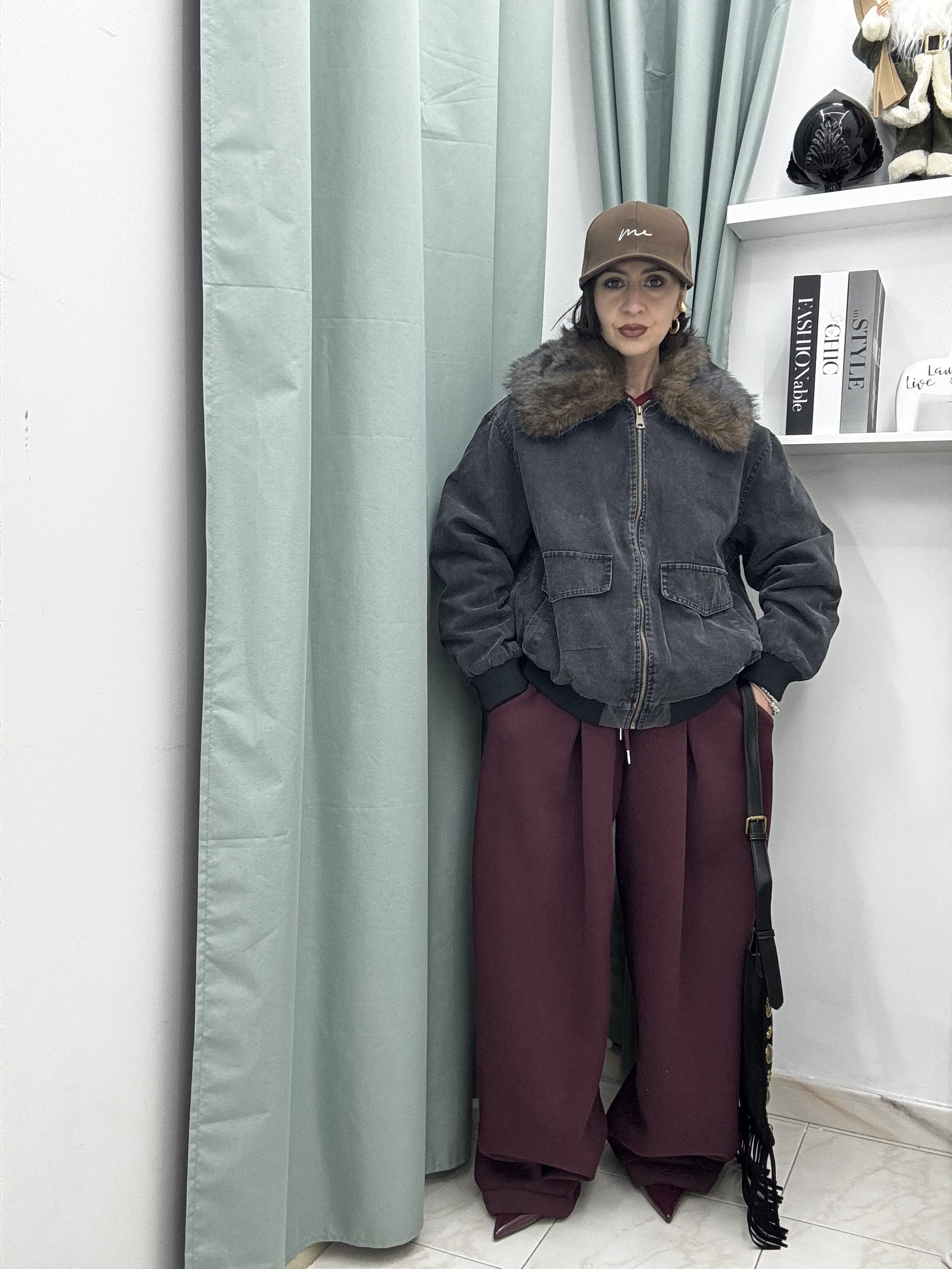 Bomber in Denim Slavato con Ecofur Removibile | Nero e Bordeaux